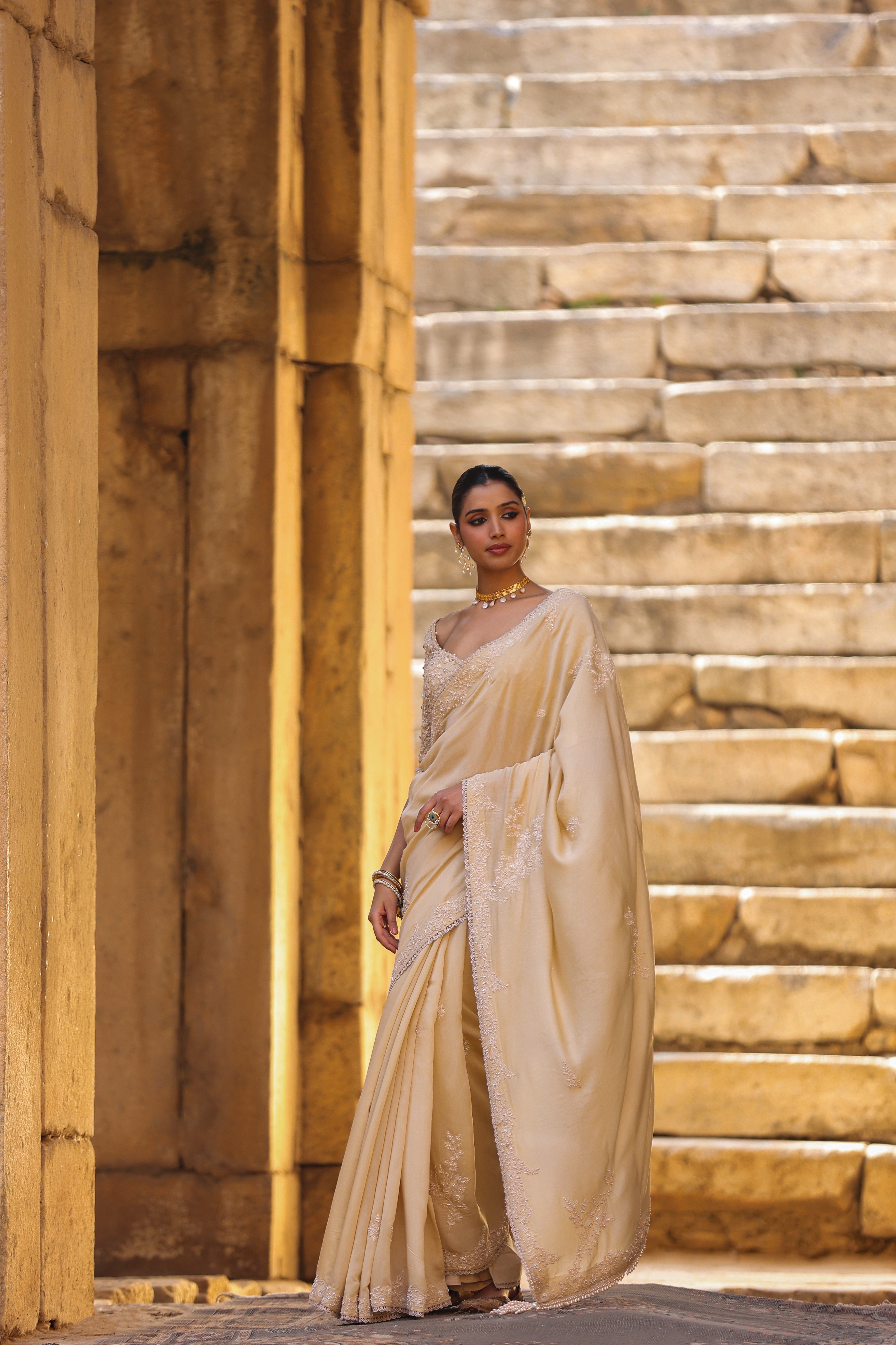 Vaayu Beige Bail Buti Saree Set