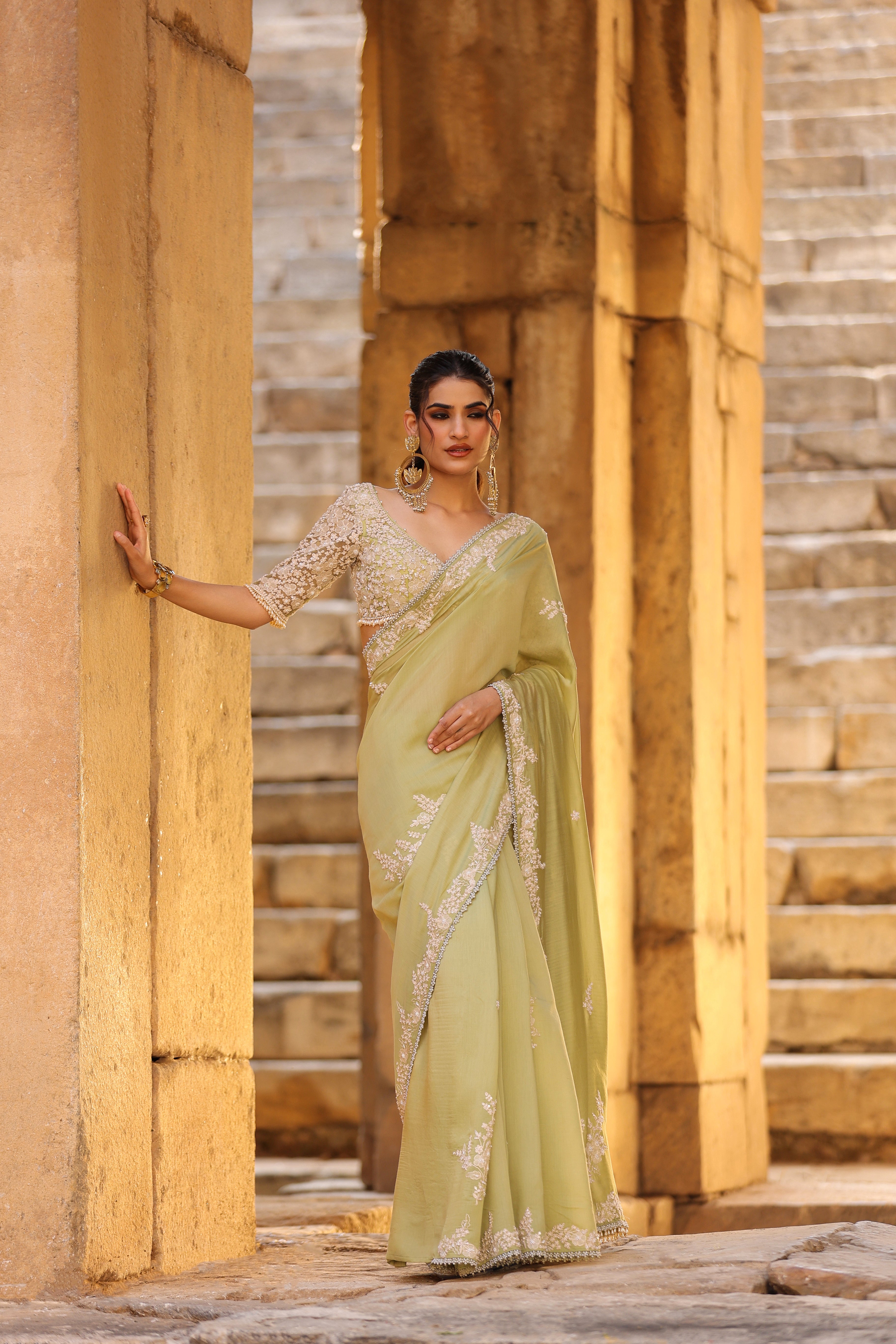 Vaayu Green Bail Buti Saree Set