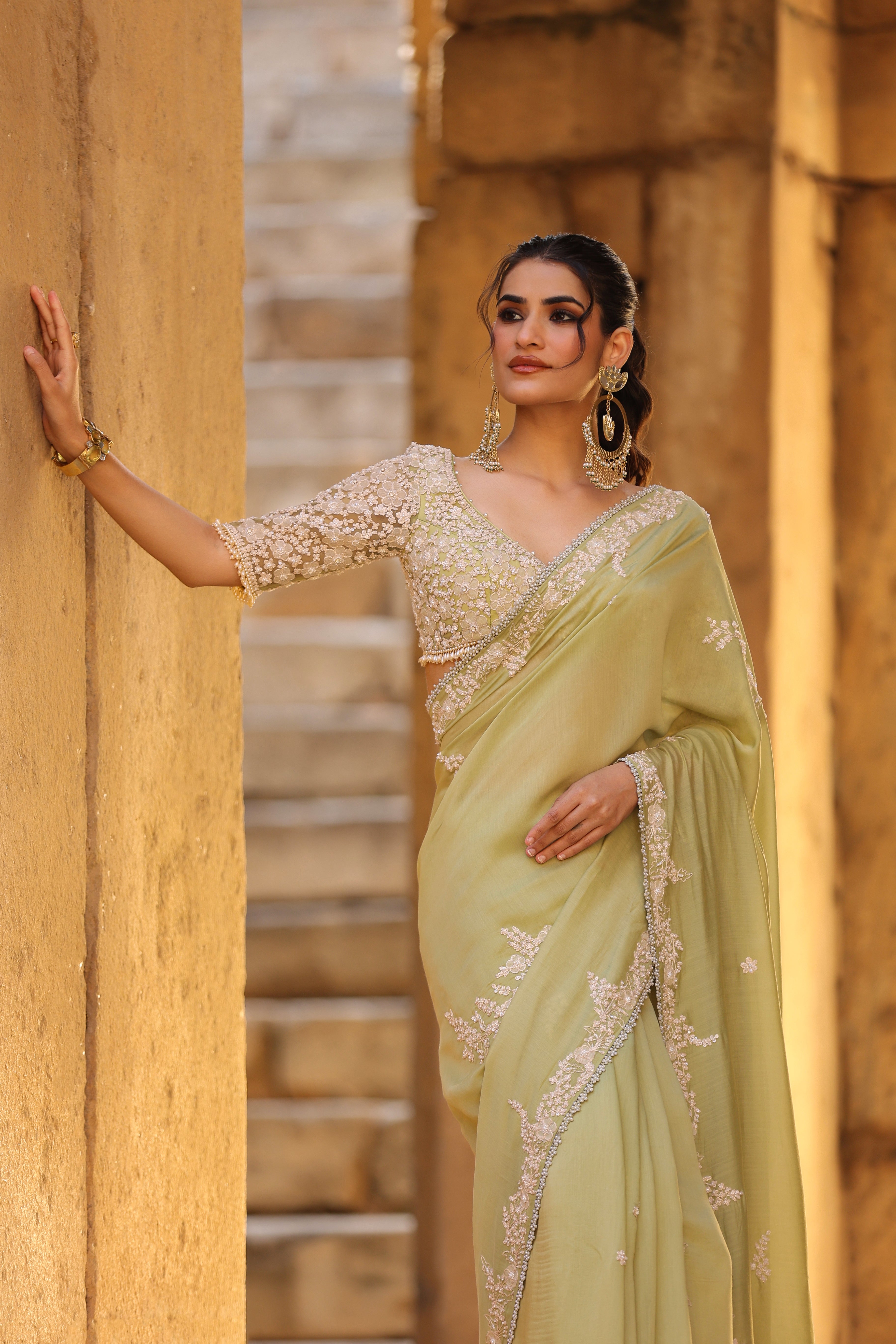 Vaayu Green Bail Buti Saree Set