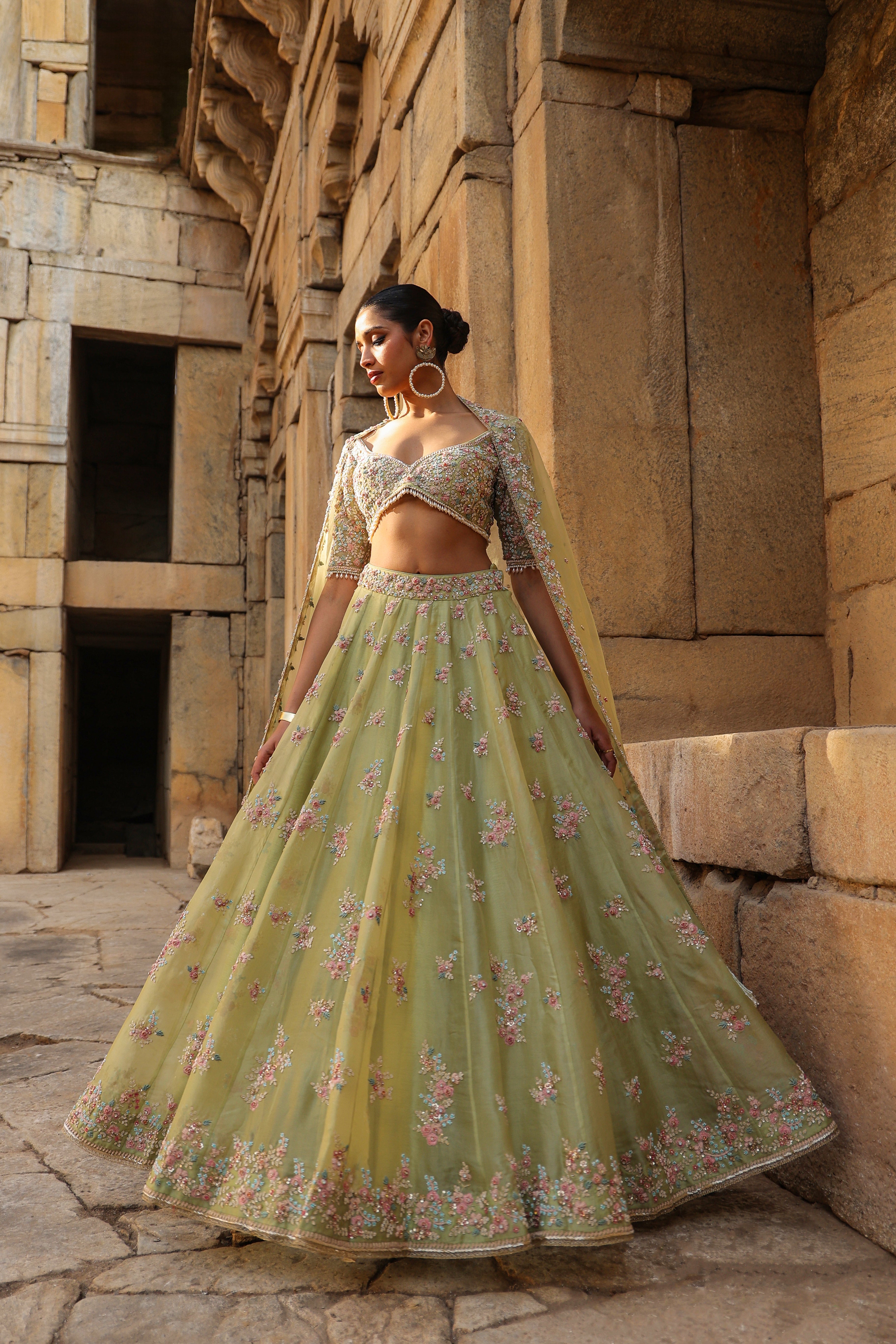 Vaayu Green Multicolor Phool Lehenga Set