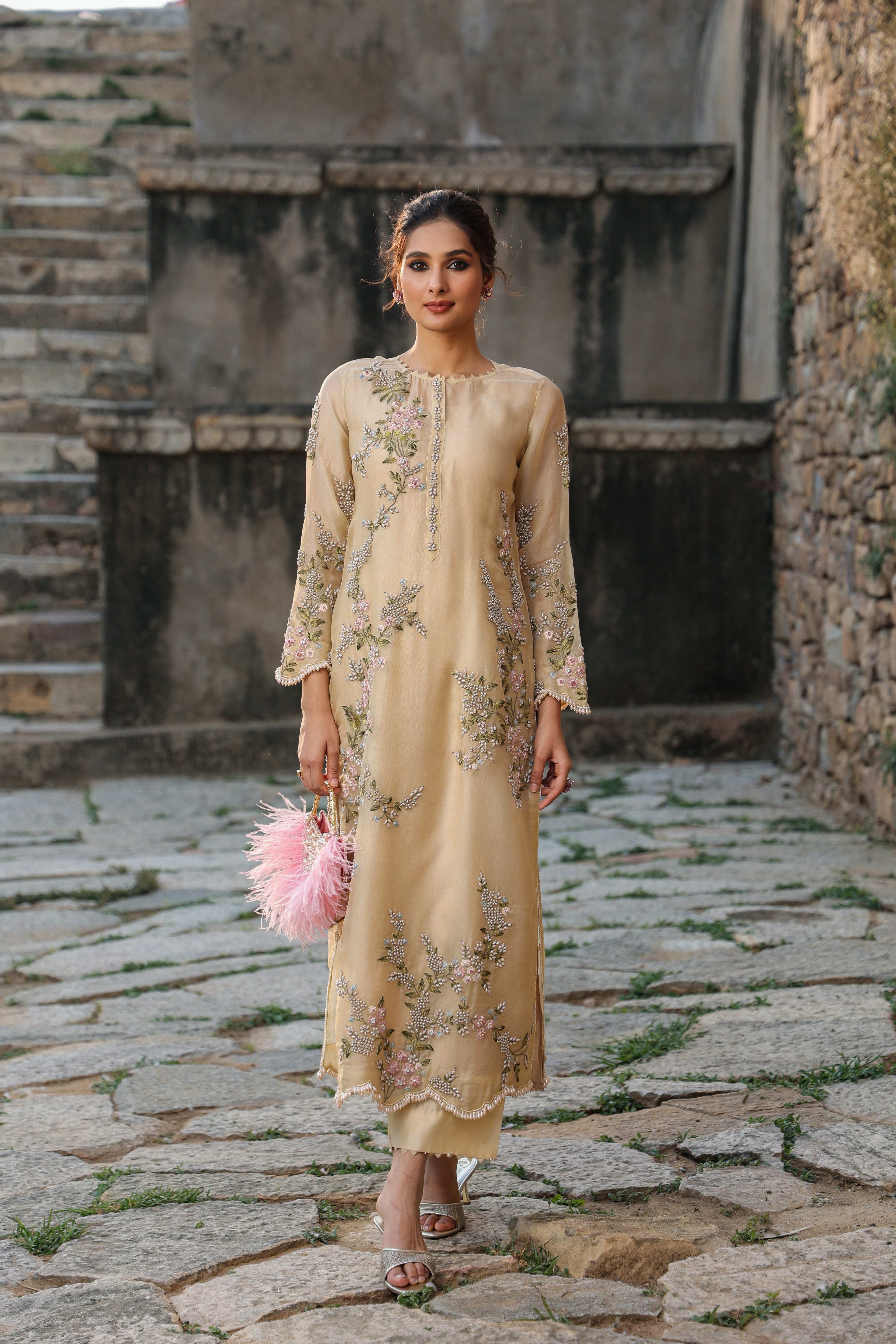 Vaayu Beige Multicolor Jaal Kurta Set