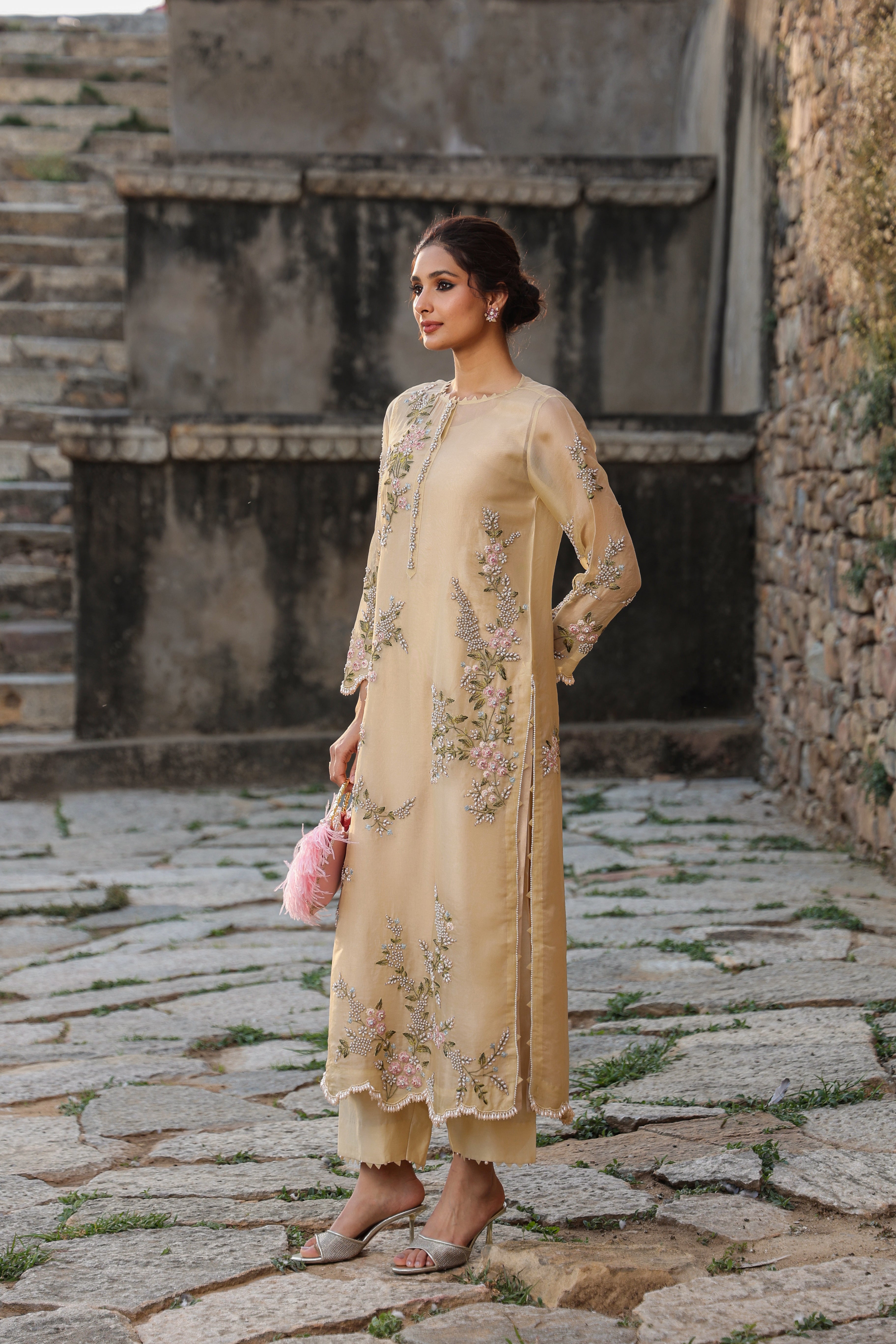 Vaayu Beige Multicolor Jaal Kurta Set