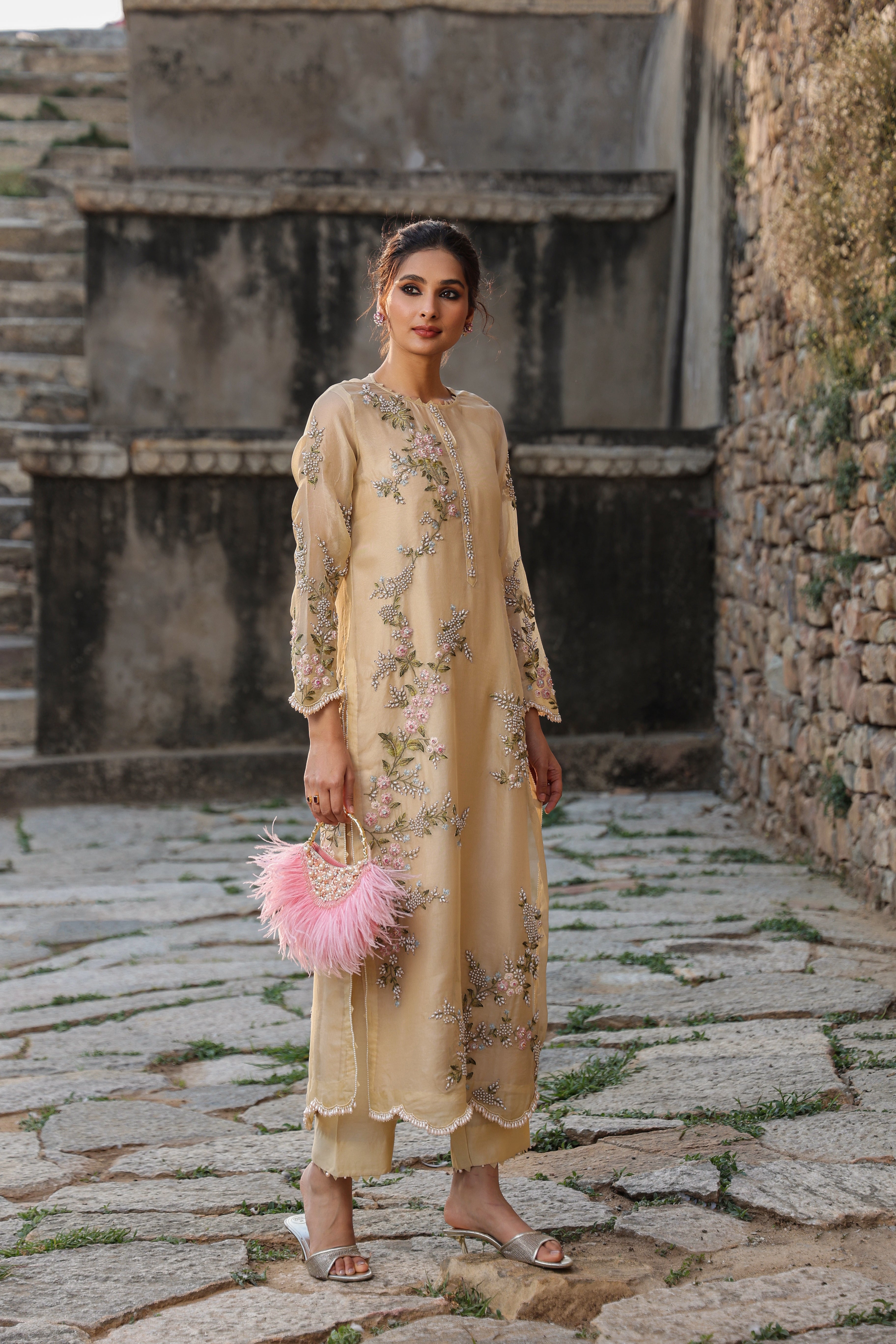 Vaayu Beige Multicolor Jaal Kurta Set
