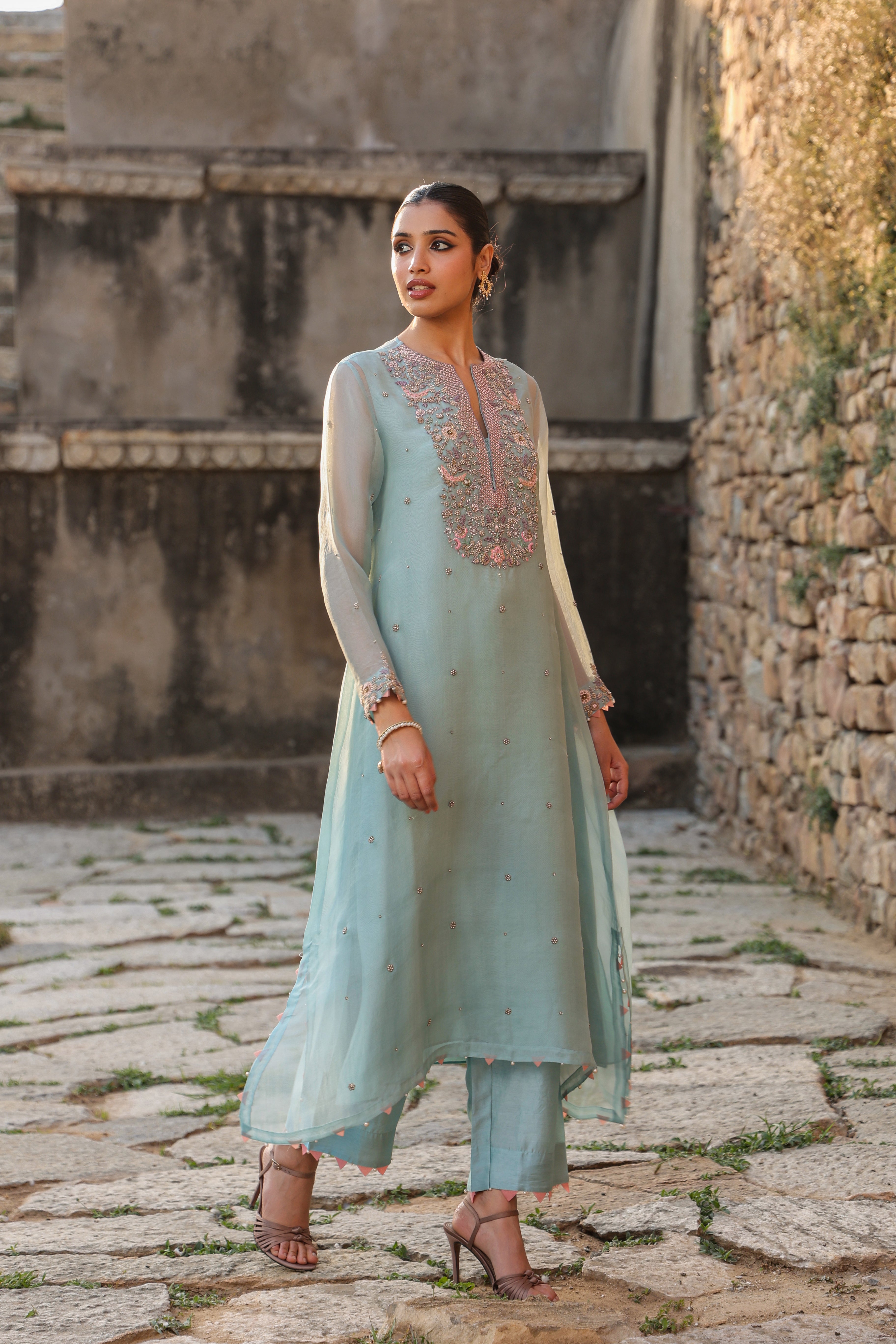Vaayu Light Blue Heavy Neck Kurta Set