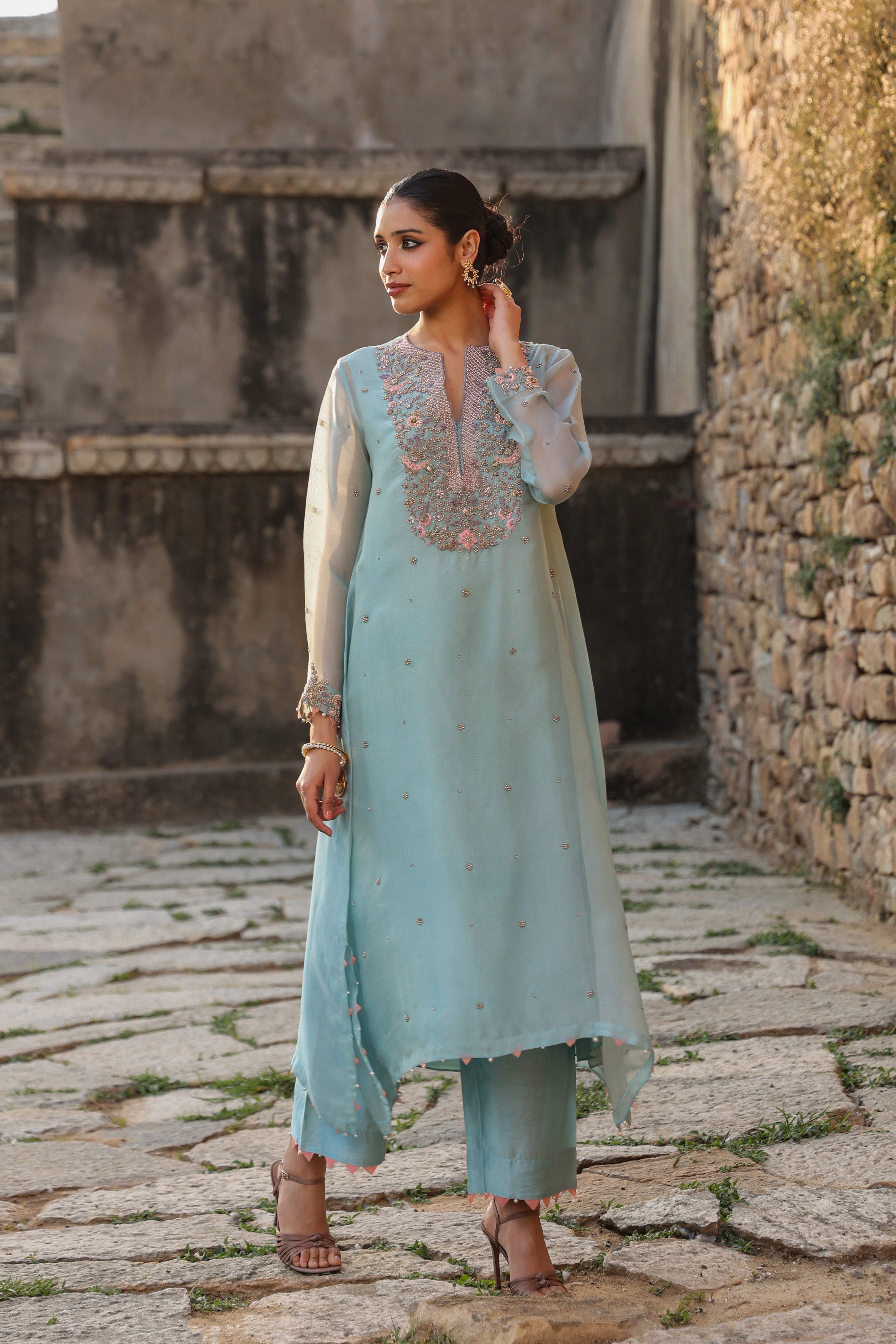 Vaayu Light Blue Heavy Neck Kurta Set