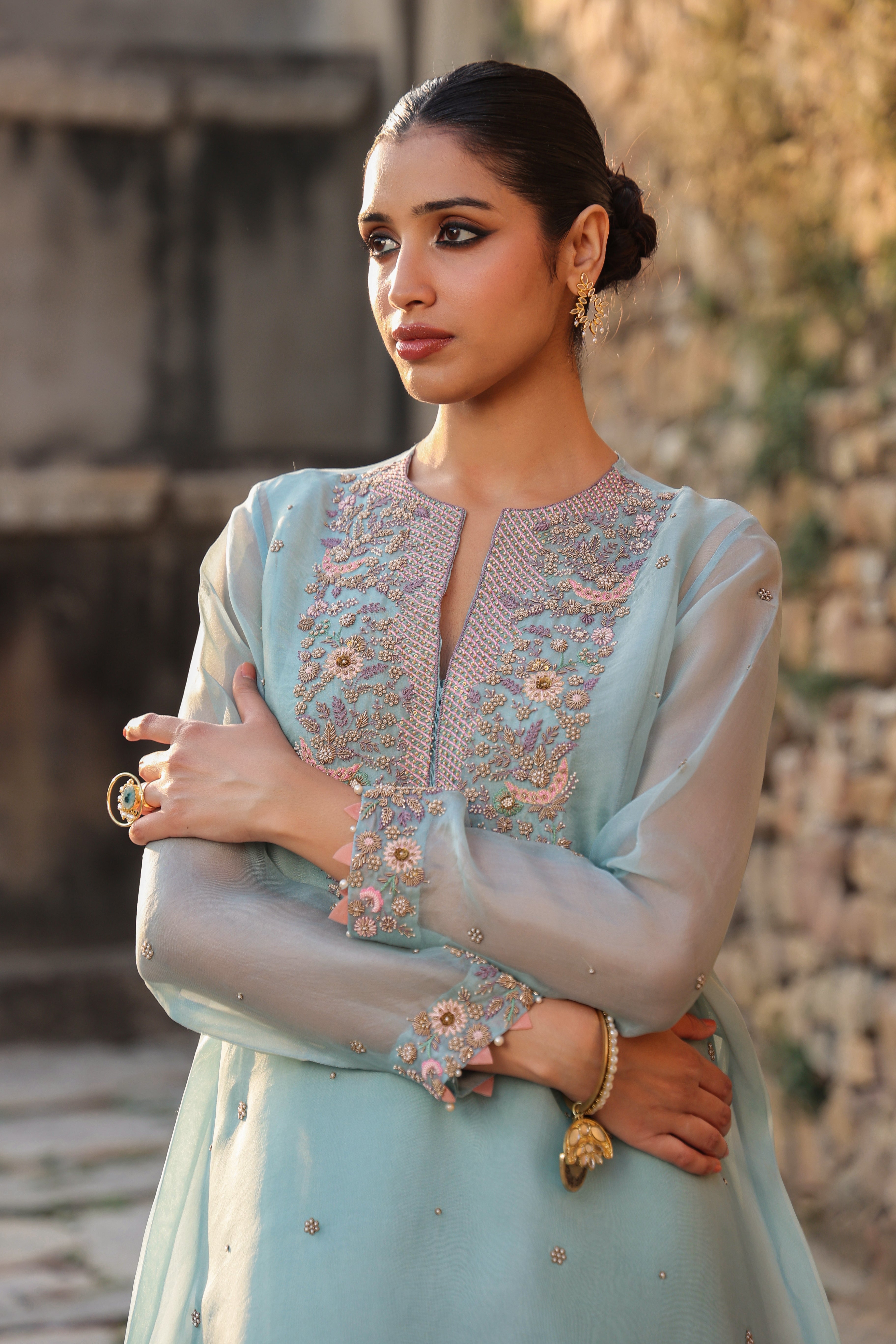 Vaayu Light Blue Heavy Neck Kurta Set