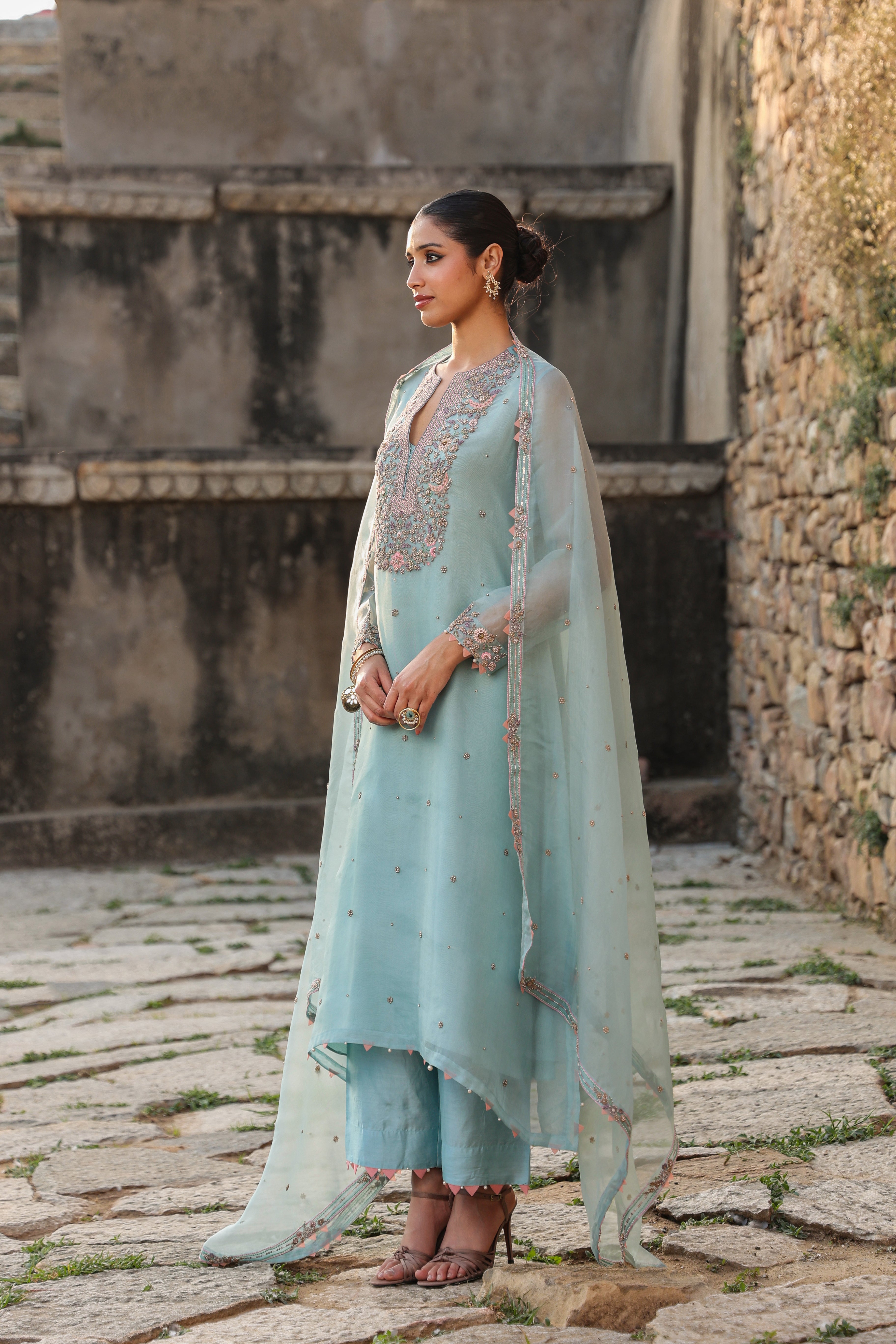Vaayu Light Blue Heavy Neck Kurta Set