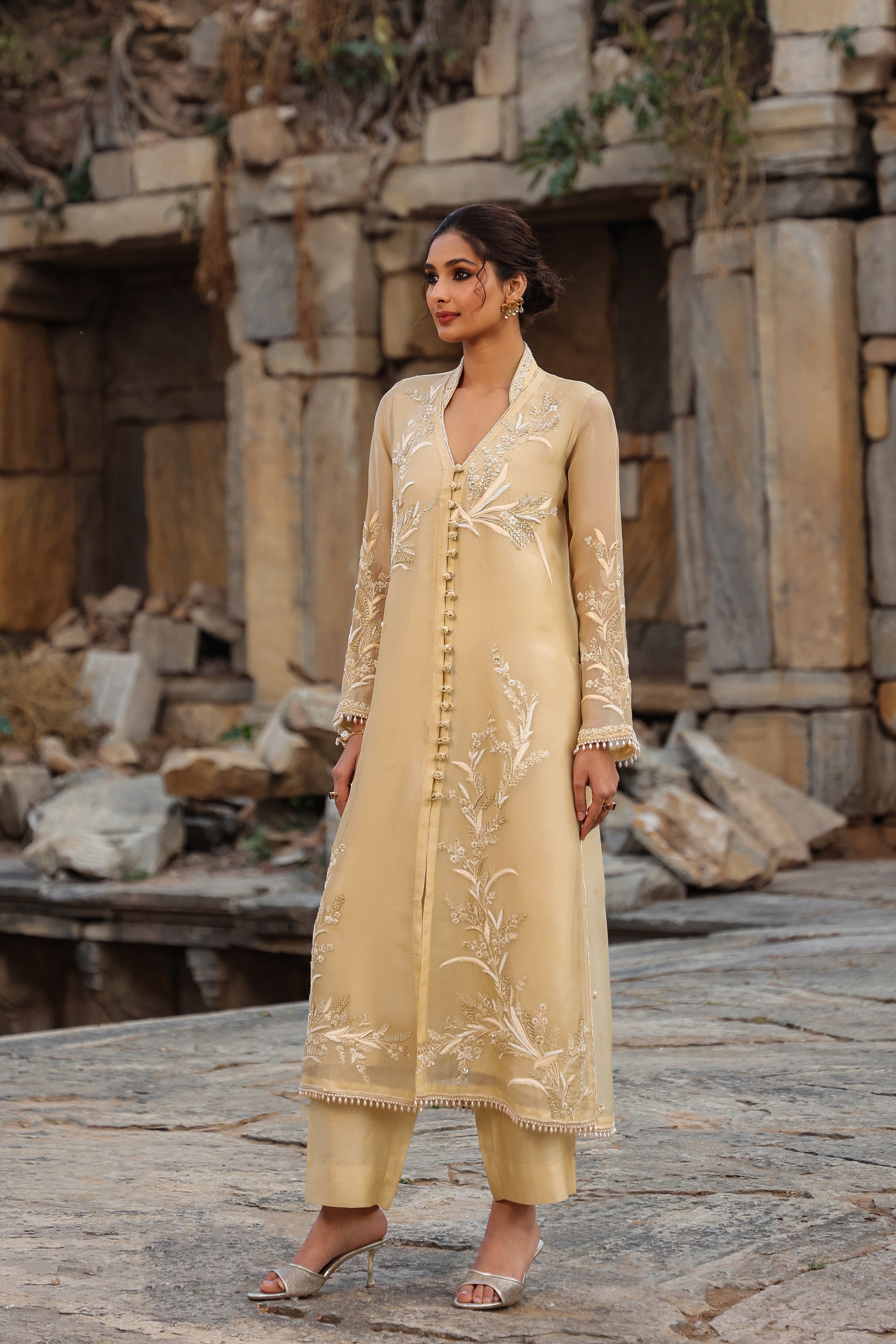 Vaayu Beige Heavy Jacket Kurta Set