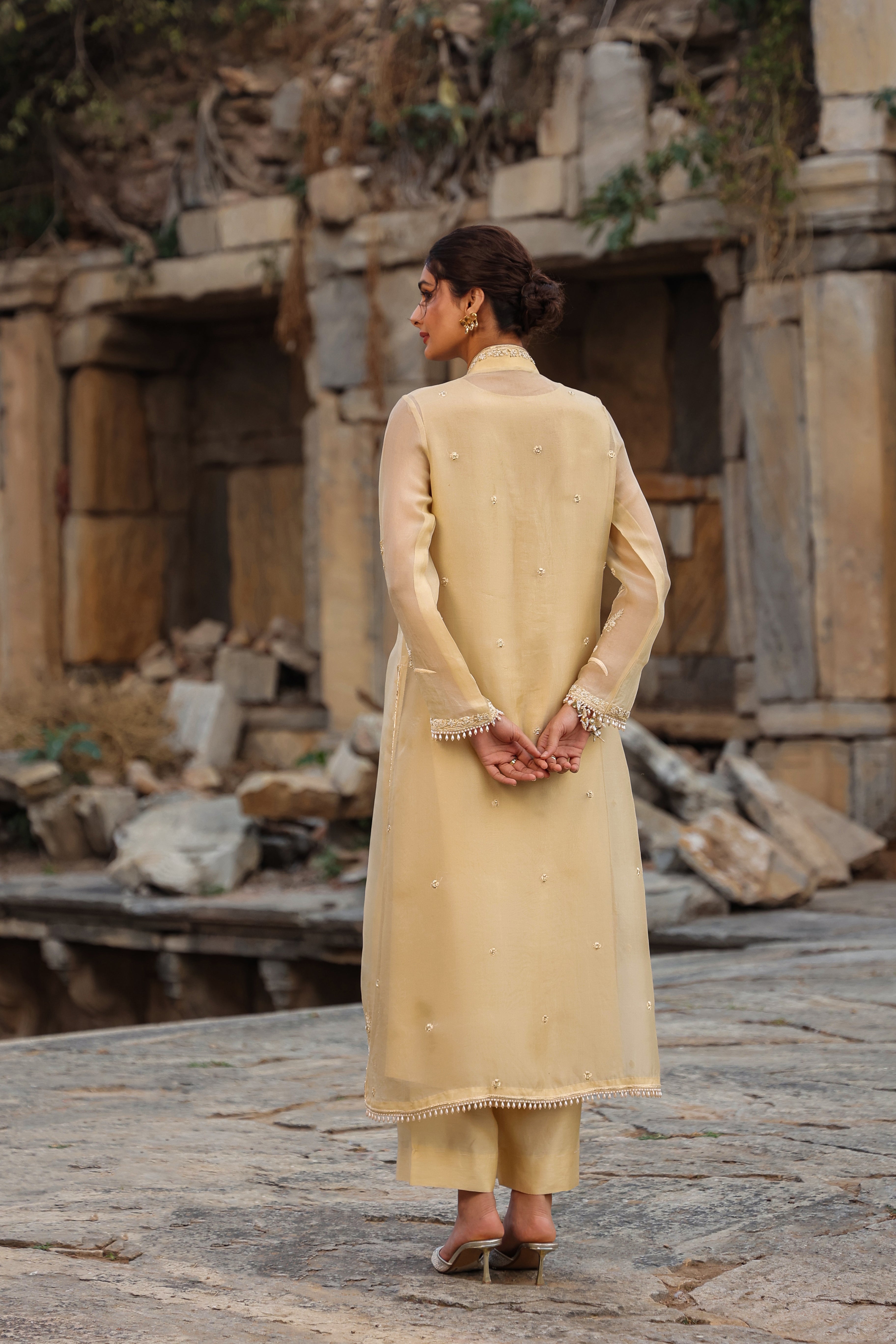 Vaayu Beige Heavy Jacket Kurta Set