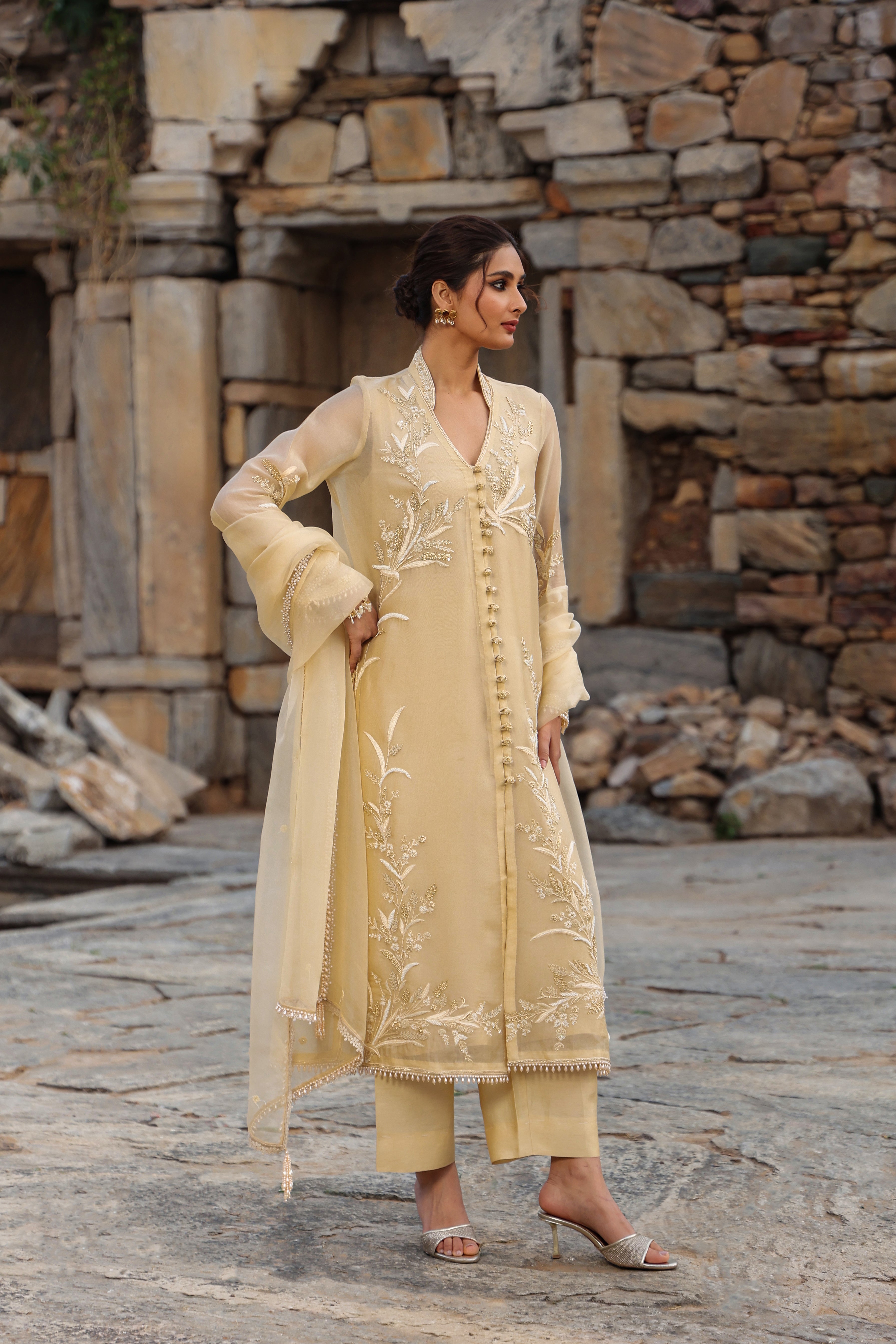 Vaayu Beige Heavy Jacket Kurta Set