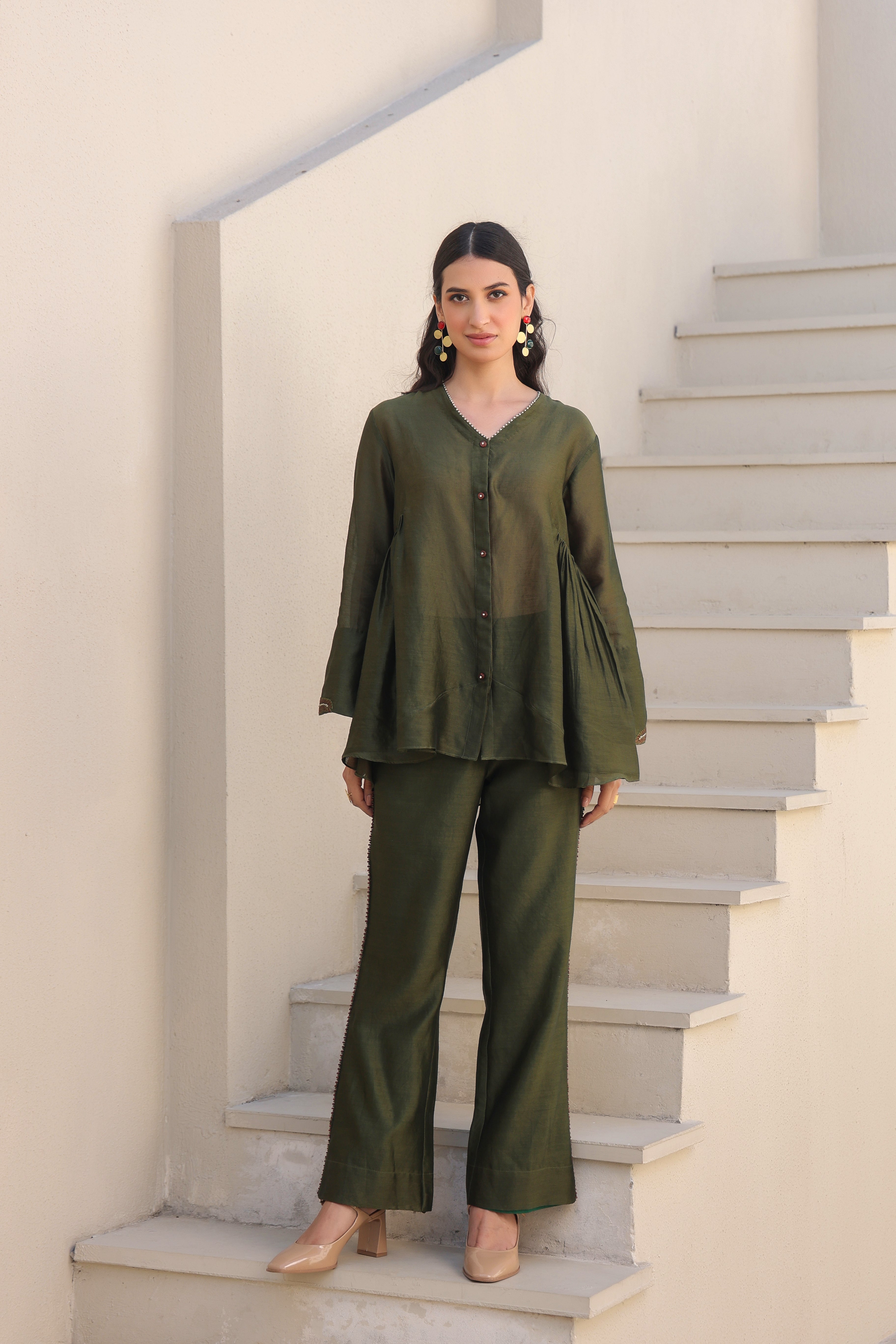 V Neck Gathered  Co-ord Set