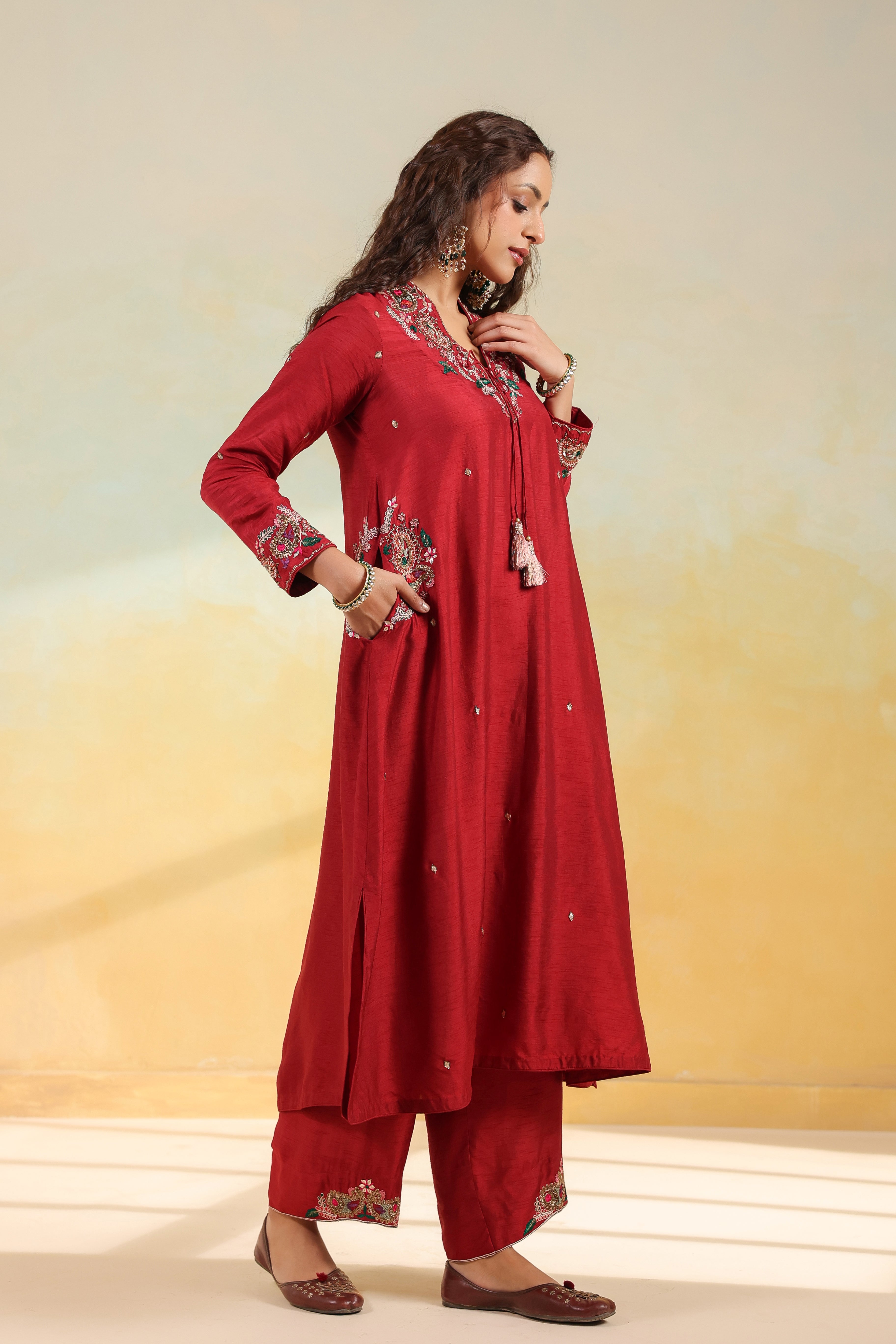 Maroon Zardozi Paisley Pocket Style