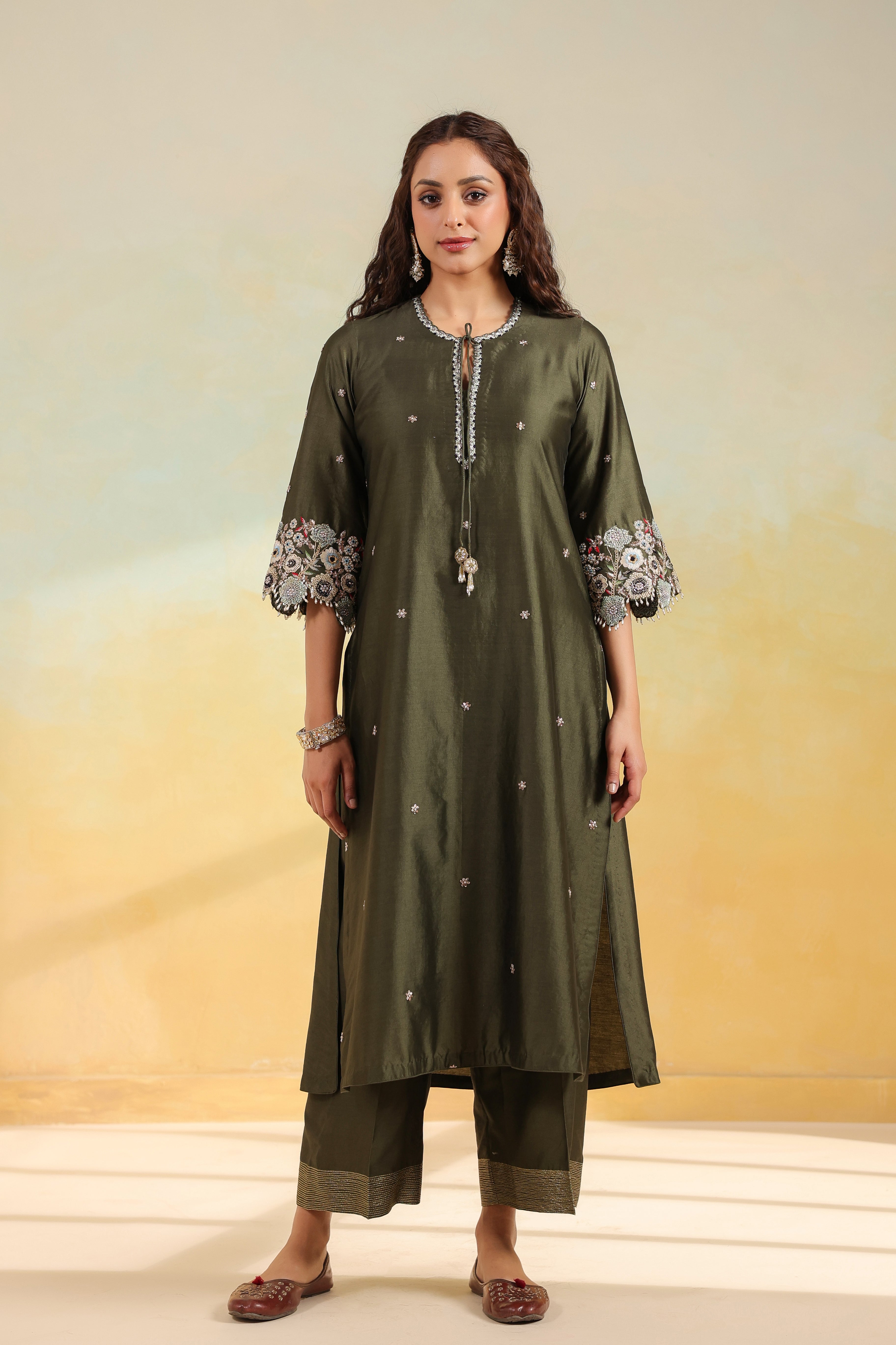Olive Green Rose Cut Scallop Kurta Set