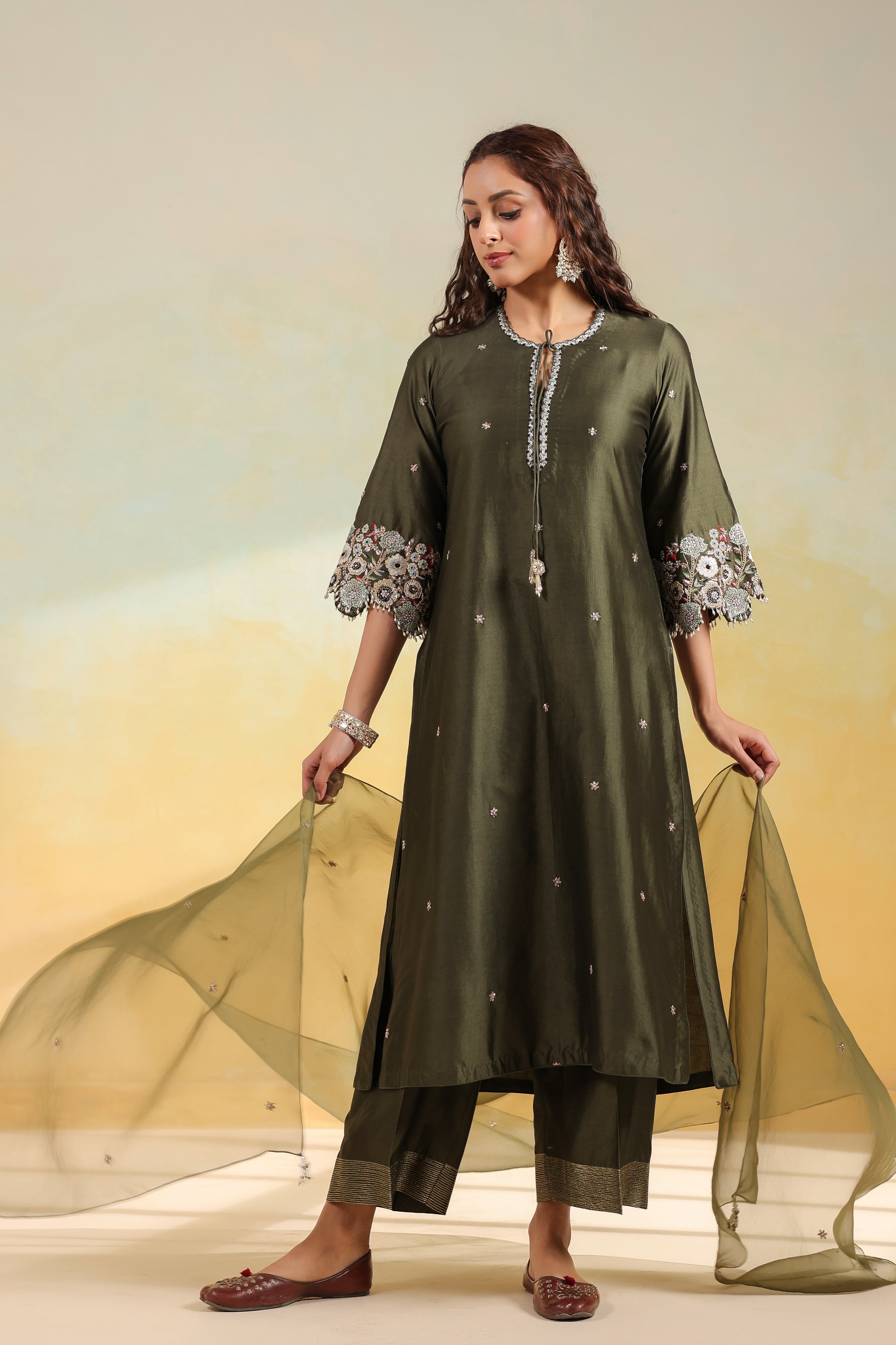Olive Green Rose Cut Scallop Kurta Set