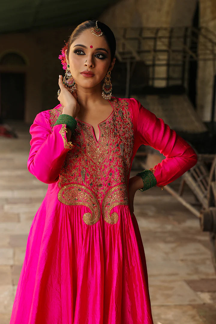 Hot Pink Bird Embroidered Choga Set