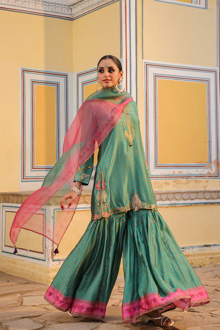 Turquoise Cheent Print Sharara Cut Work and Heavy Hem