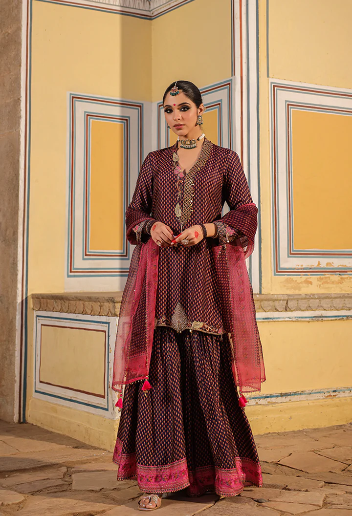 Purple Cheent Print Sharara Cut Work and Heavy Hem