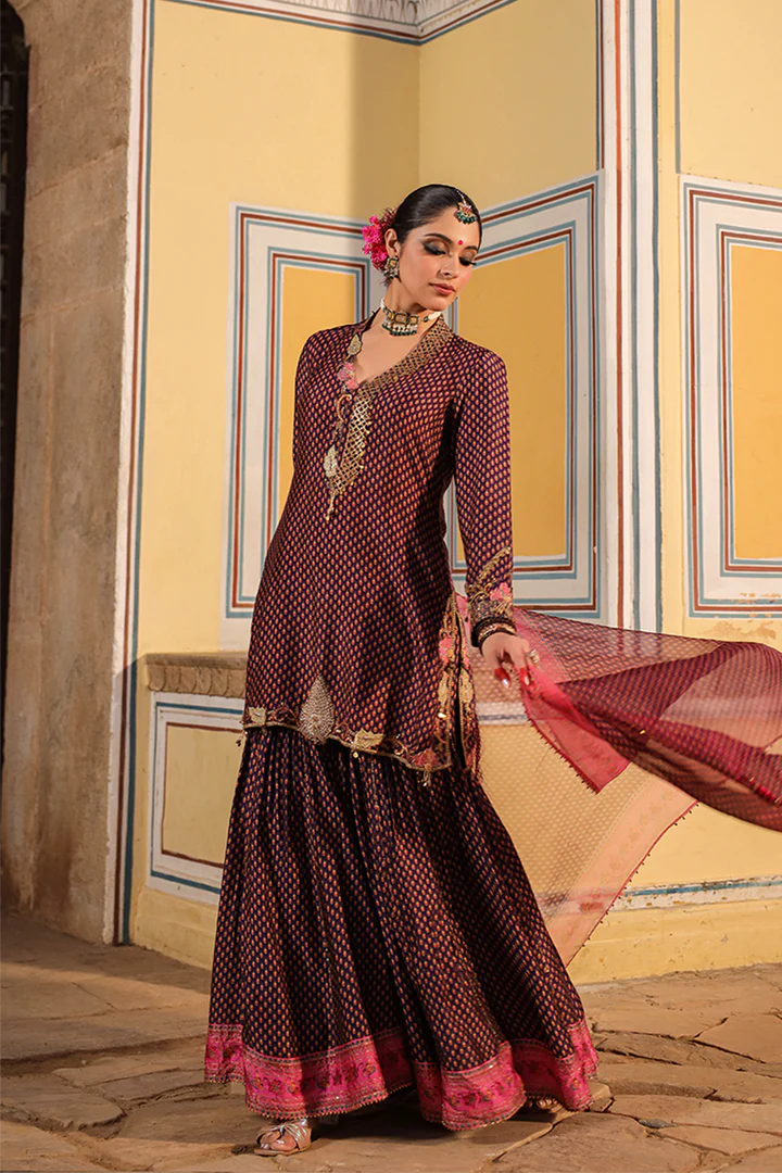 Purple Cheent Print Sharara Cut Work and Heavy Hem