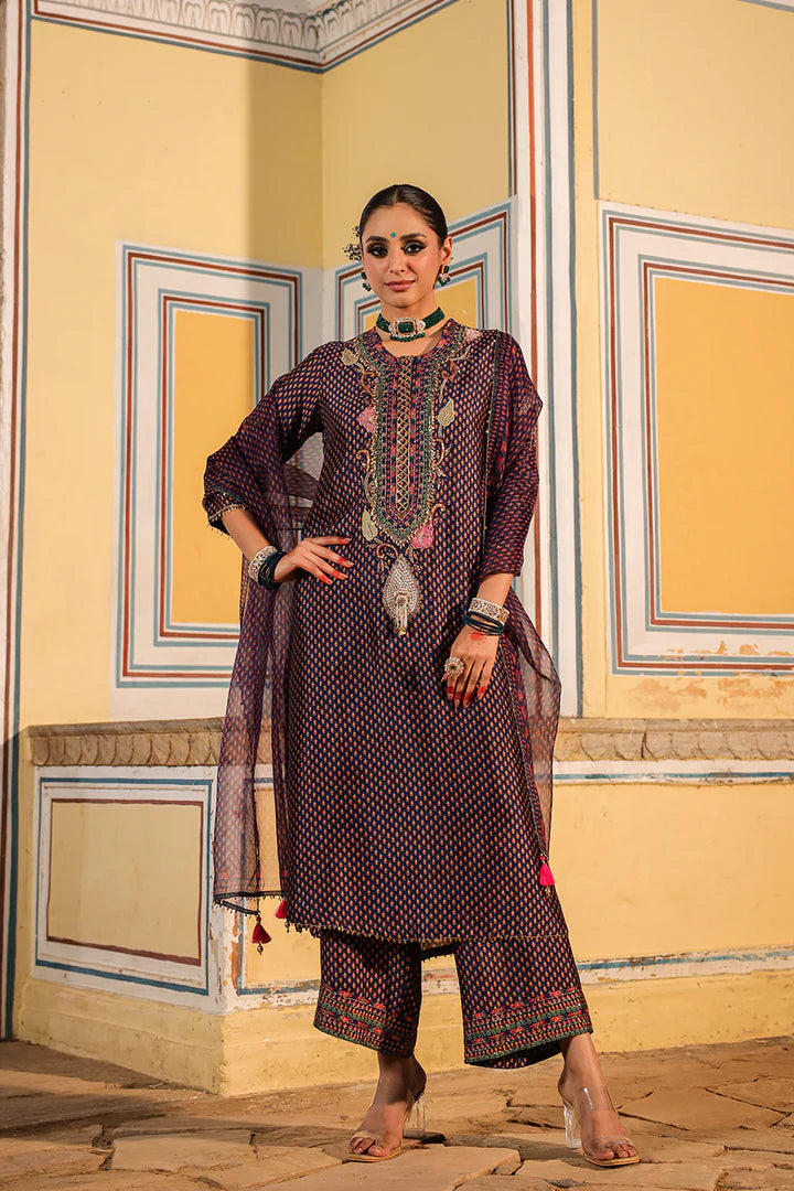 Blue Cheent Print Heavy Neck Kurta Set