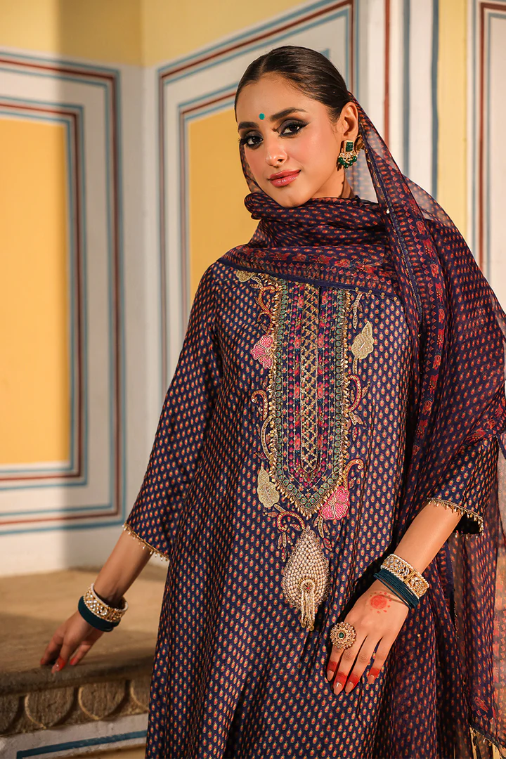 Blue Cheent Print Heavy Neck Kurta Set