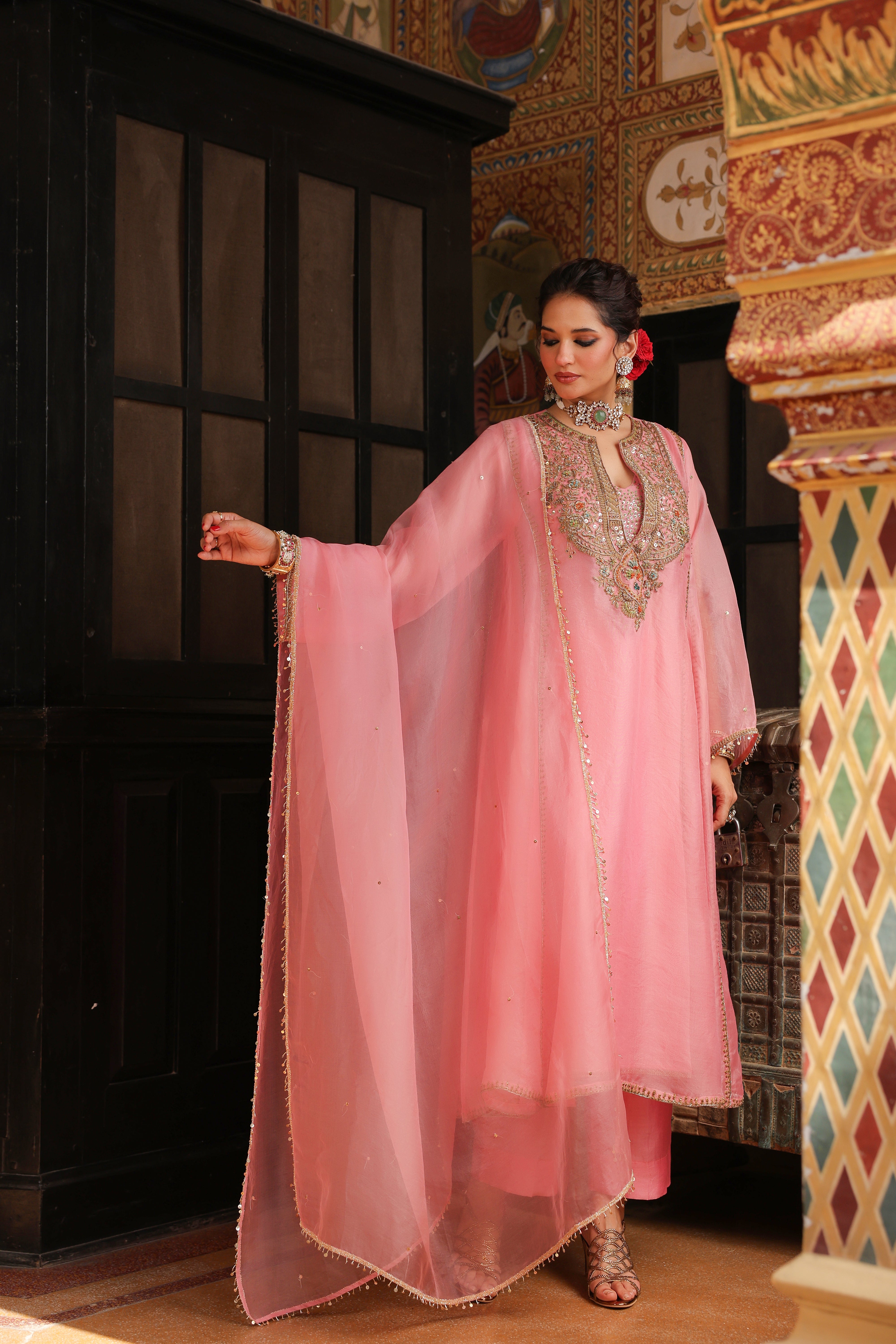 Ahista Pink Pakhi Yoke Pheran Long Kurta Set