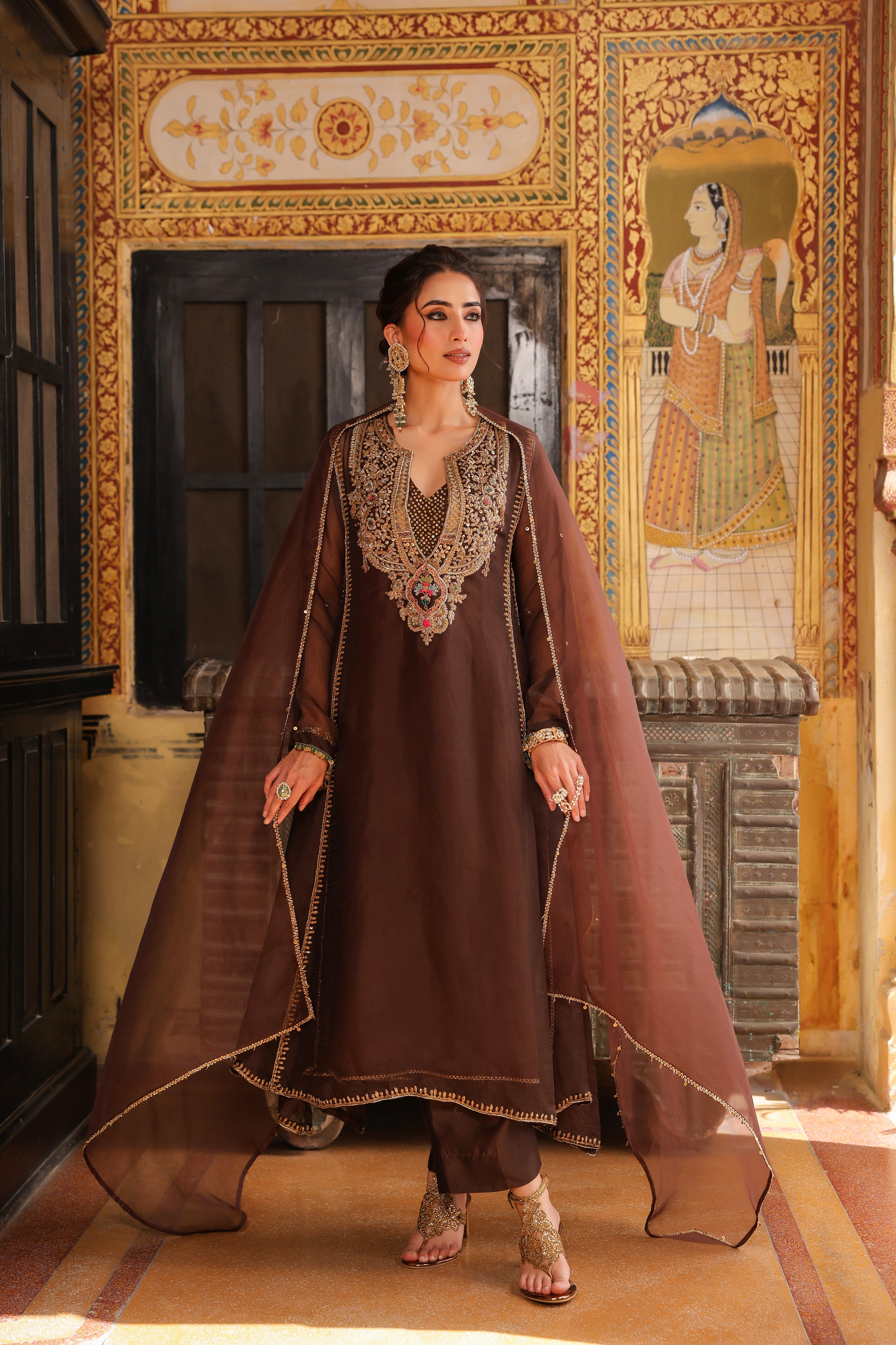 Ahista Brown Pakhi Yoke Pheran Long Kurta Set