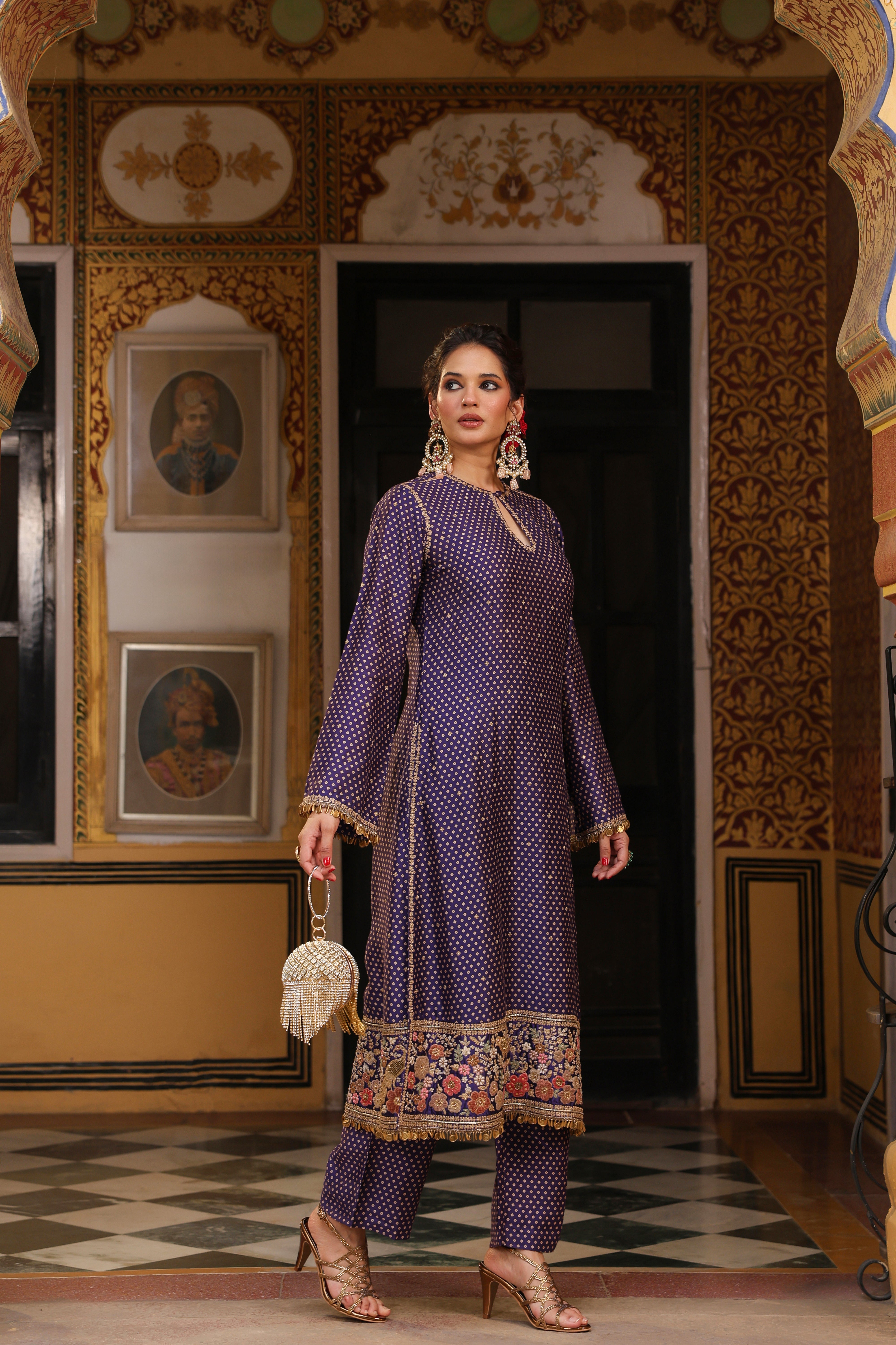 Ahista Purple Printed Mayur Applique Long Kurta Set