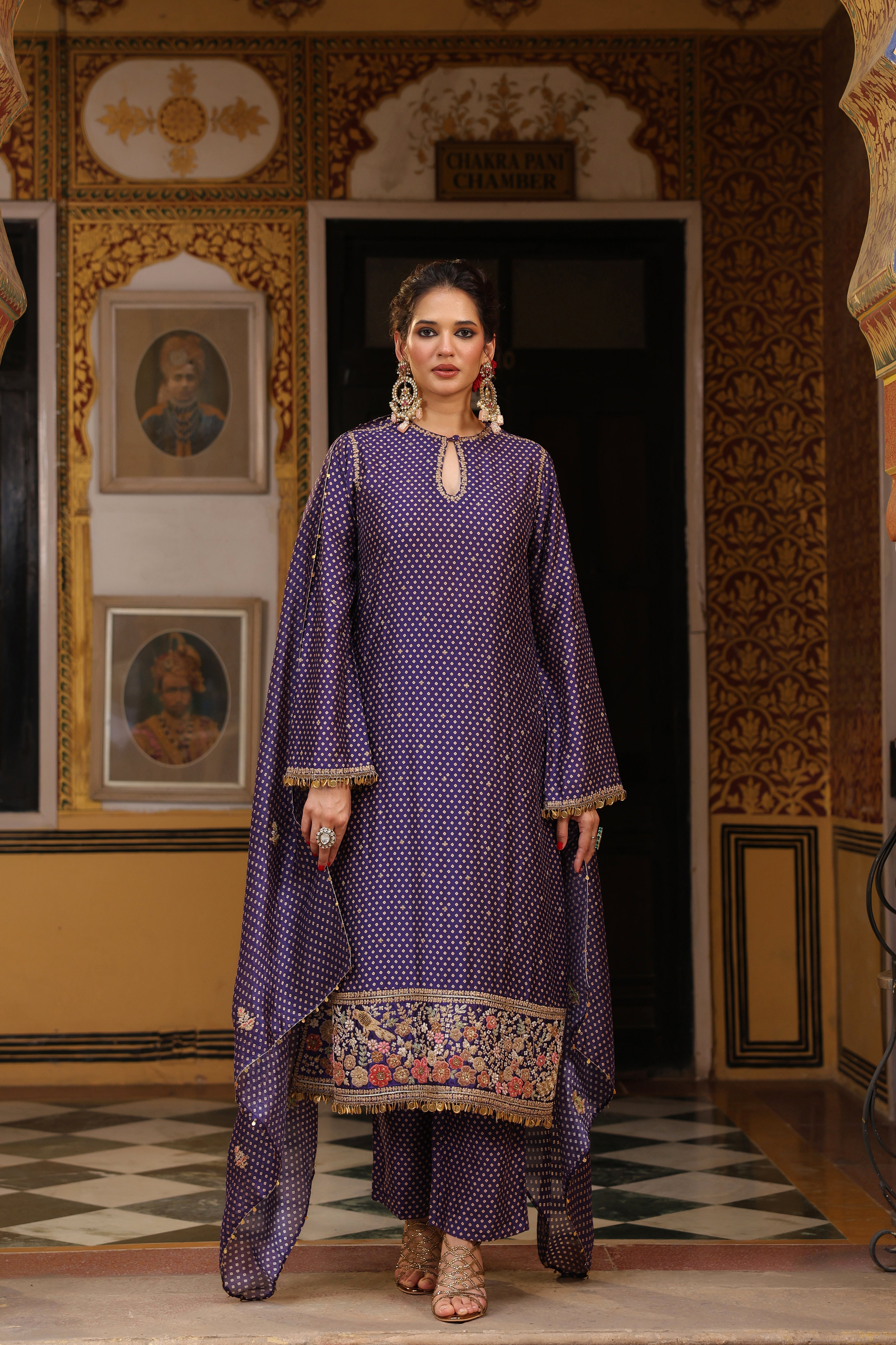 Ahista Purple Printed Mayur Applique Long Kurta Set