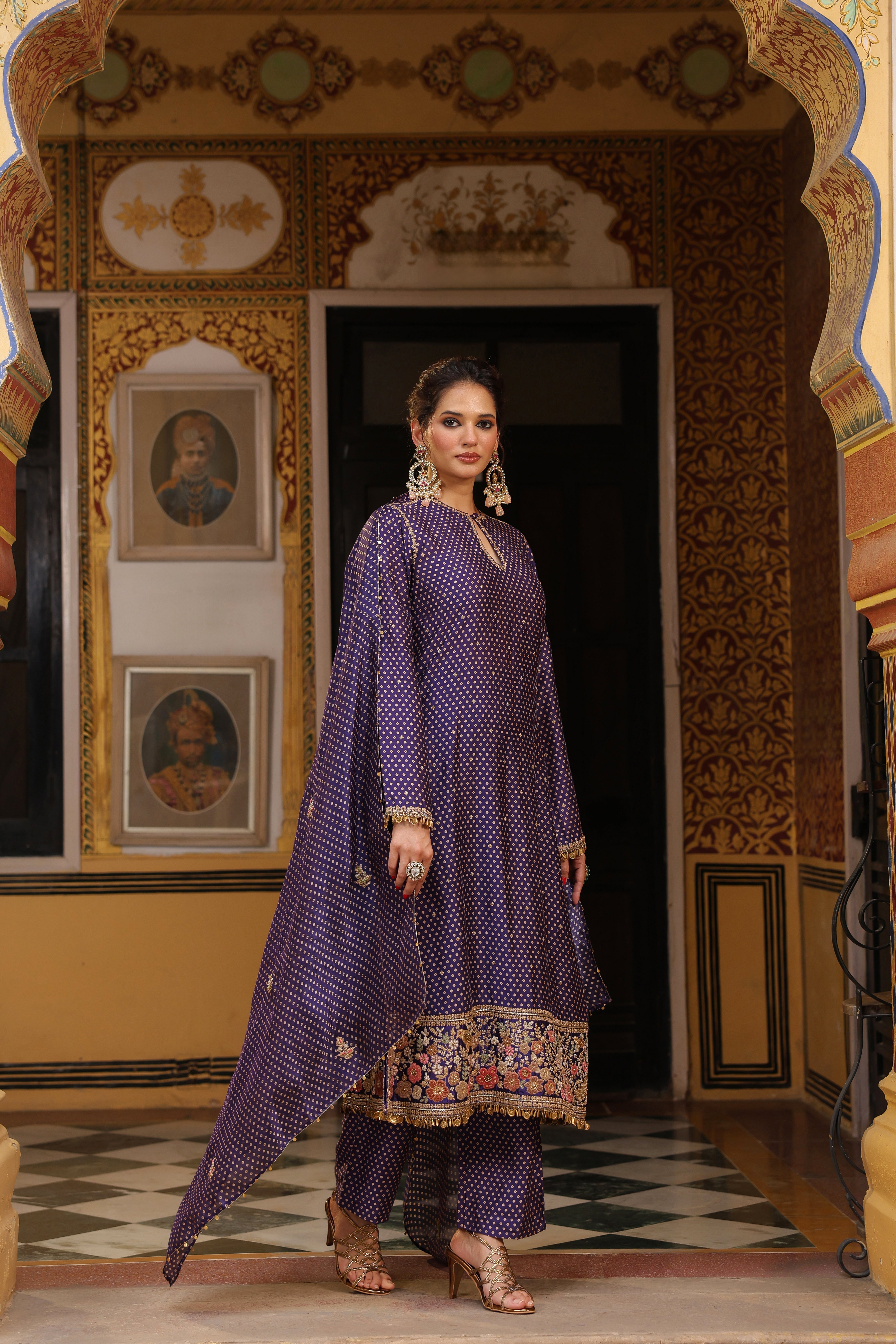 Ahista Purple Printed Mayur Applique Long Kurta Set