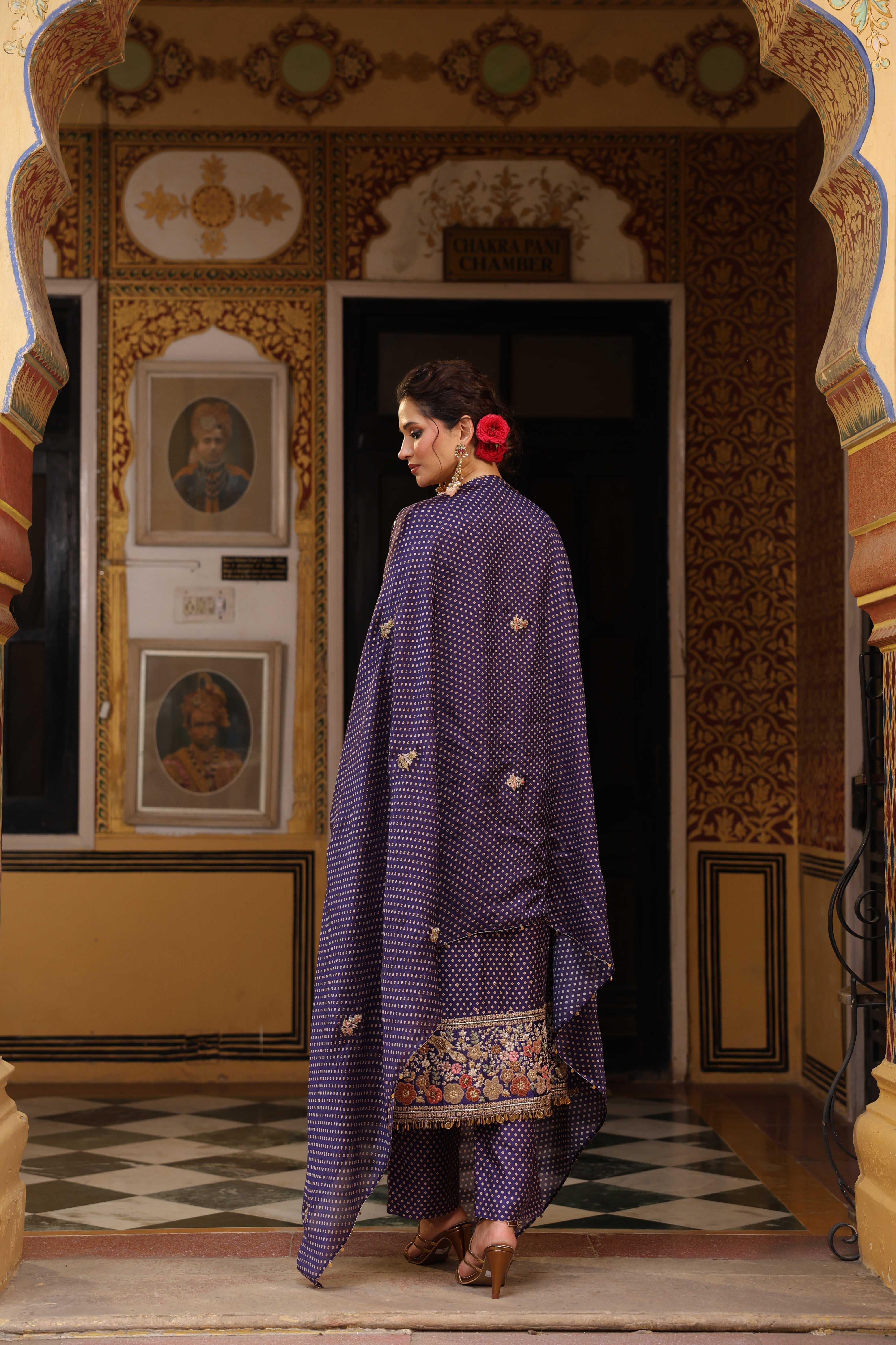Ahista Purple Printed Mayur Applique Long Kurta Set