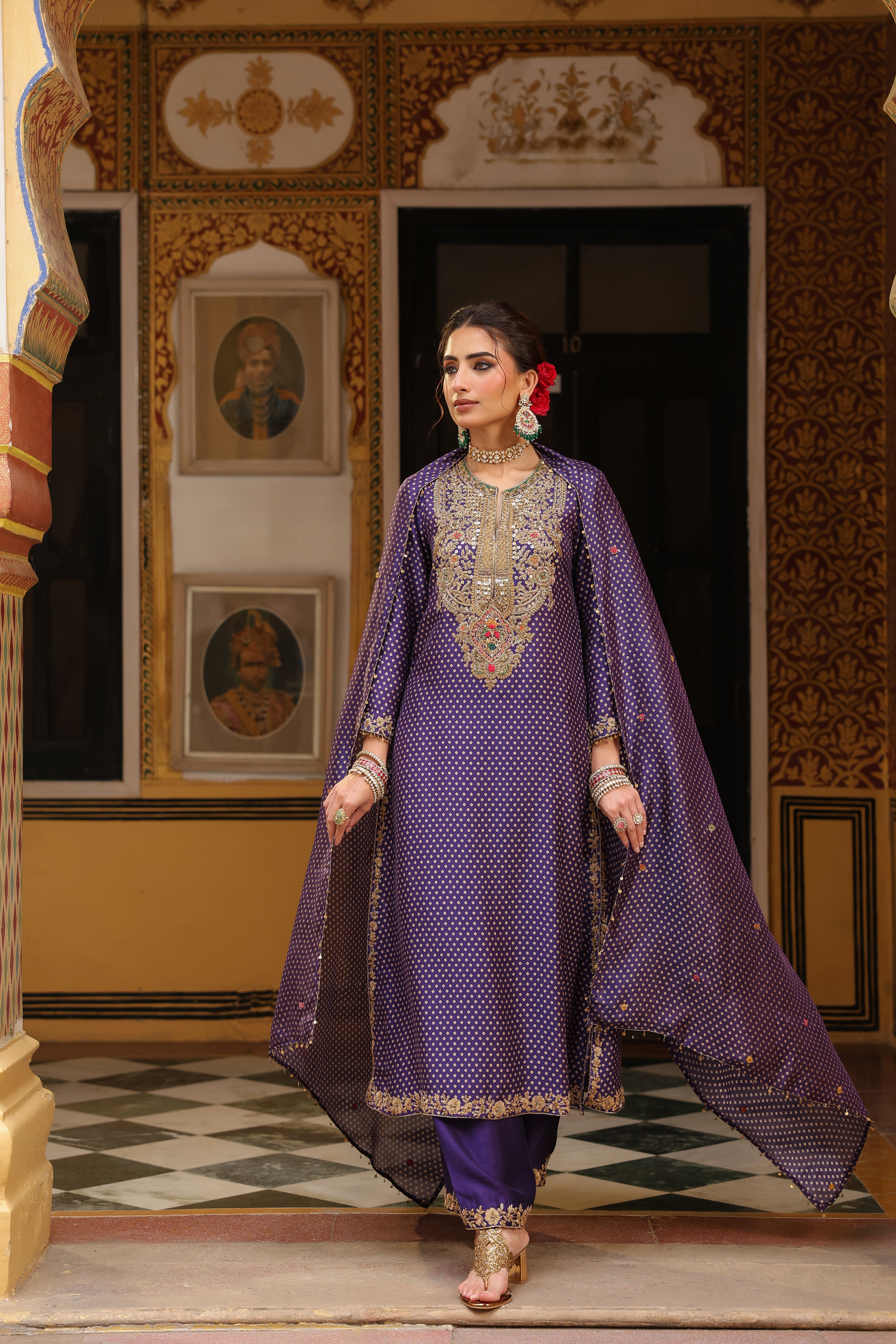 Ahista Purple Printed Pakhi Yoke Heavy Straight Kurta Set