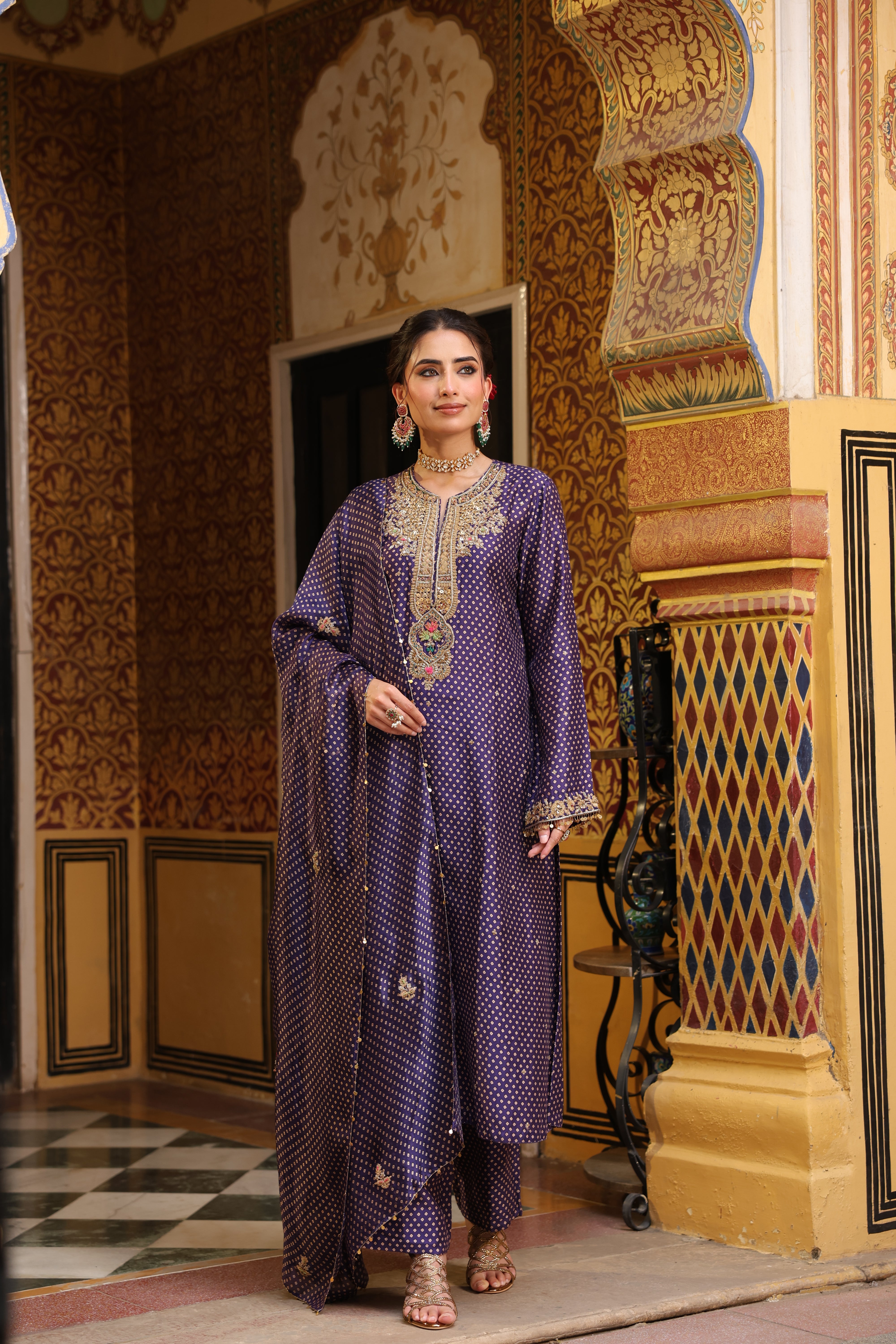 Ahista Purple Printed Pakhi Yoke Straight Kurta Set