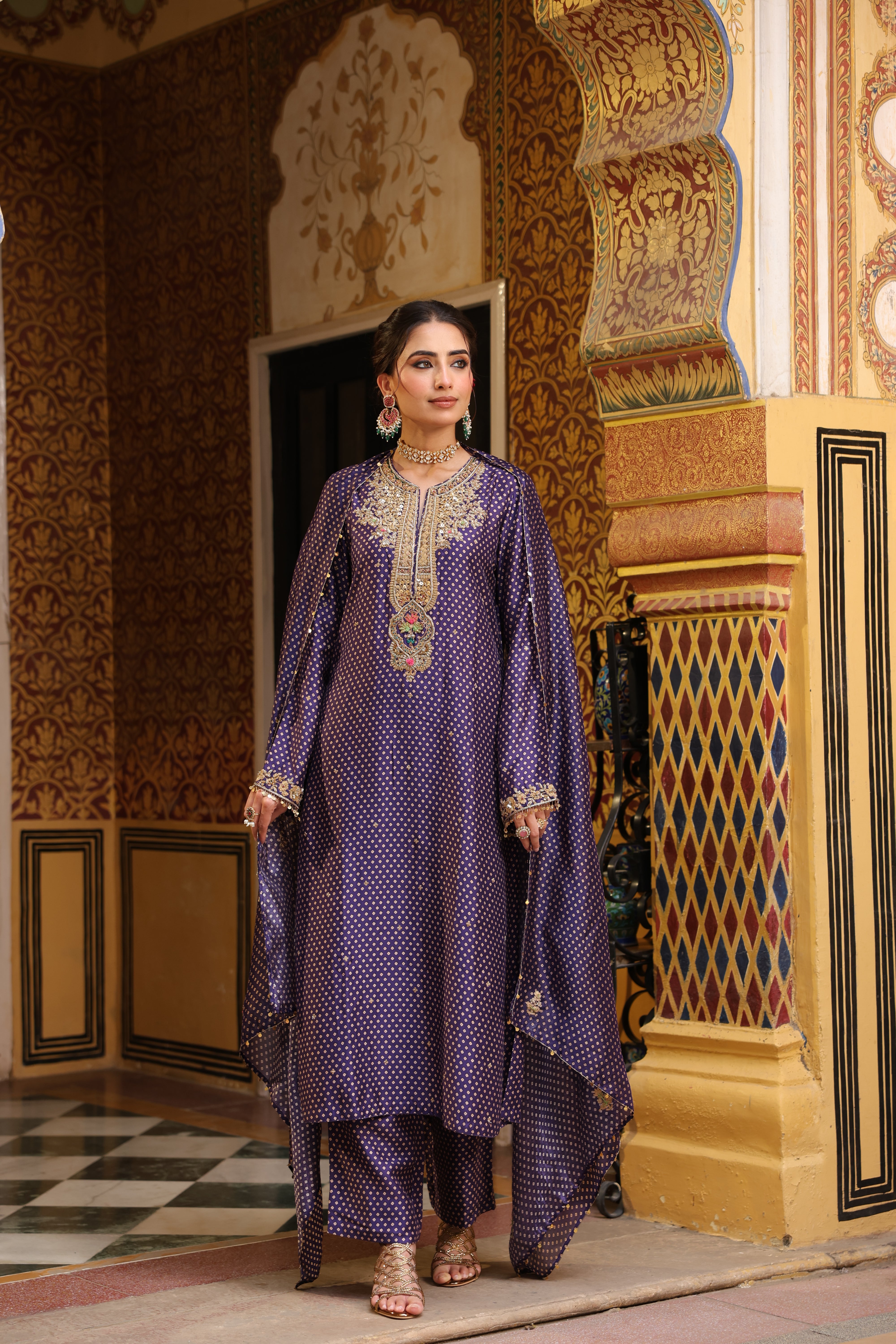 Ahista Purple Printed Pakhi Yoke Straight Kurta Set