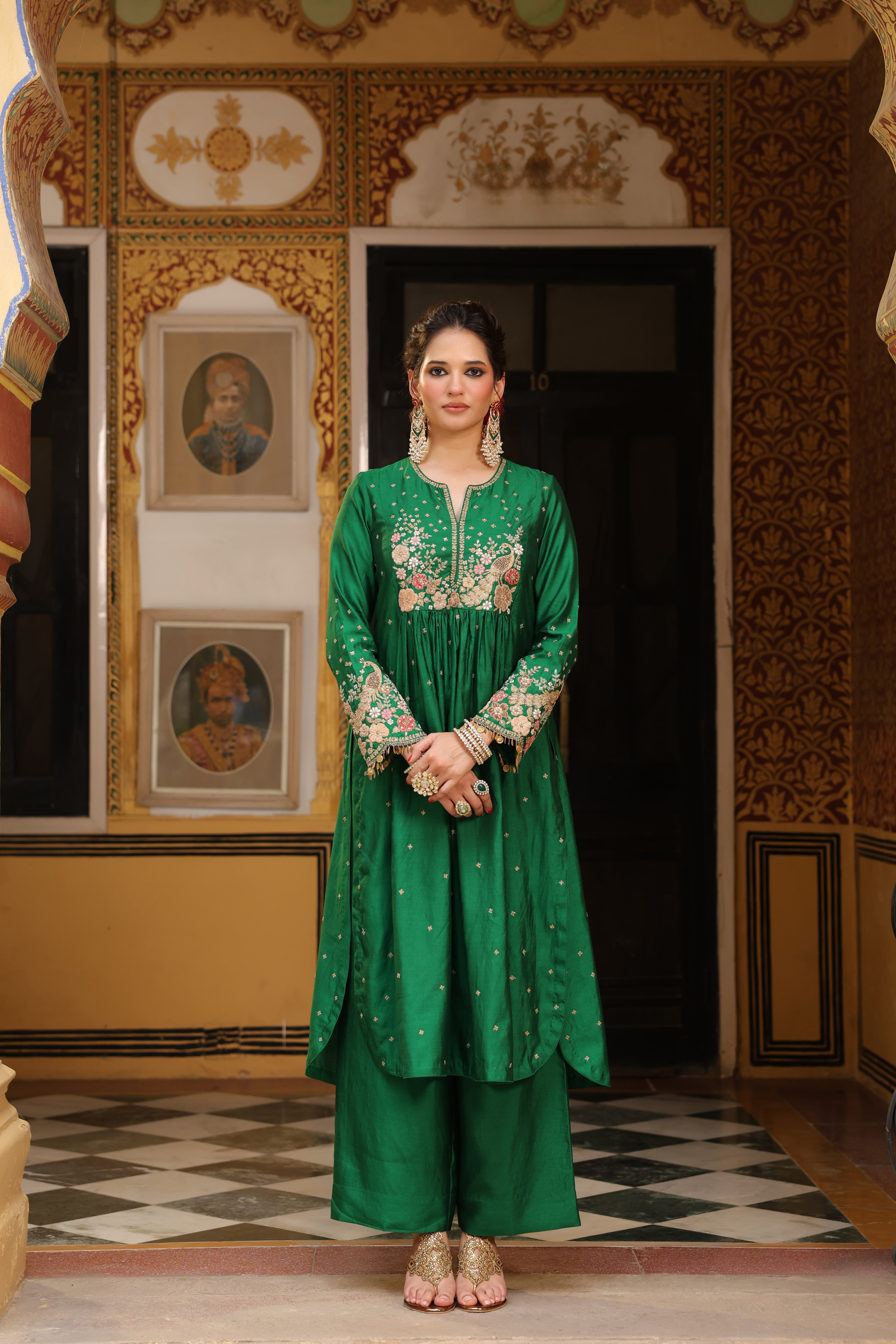 Ahista Green Mayur Applique Frockstyle Kurta Set