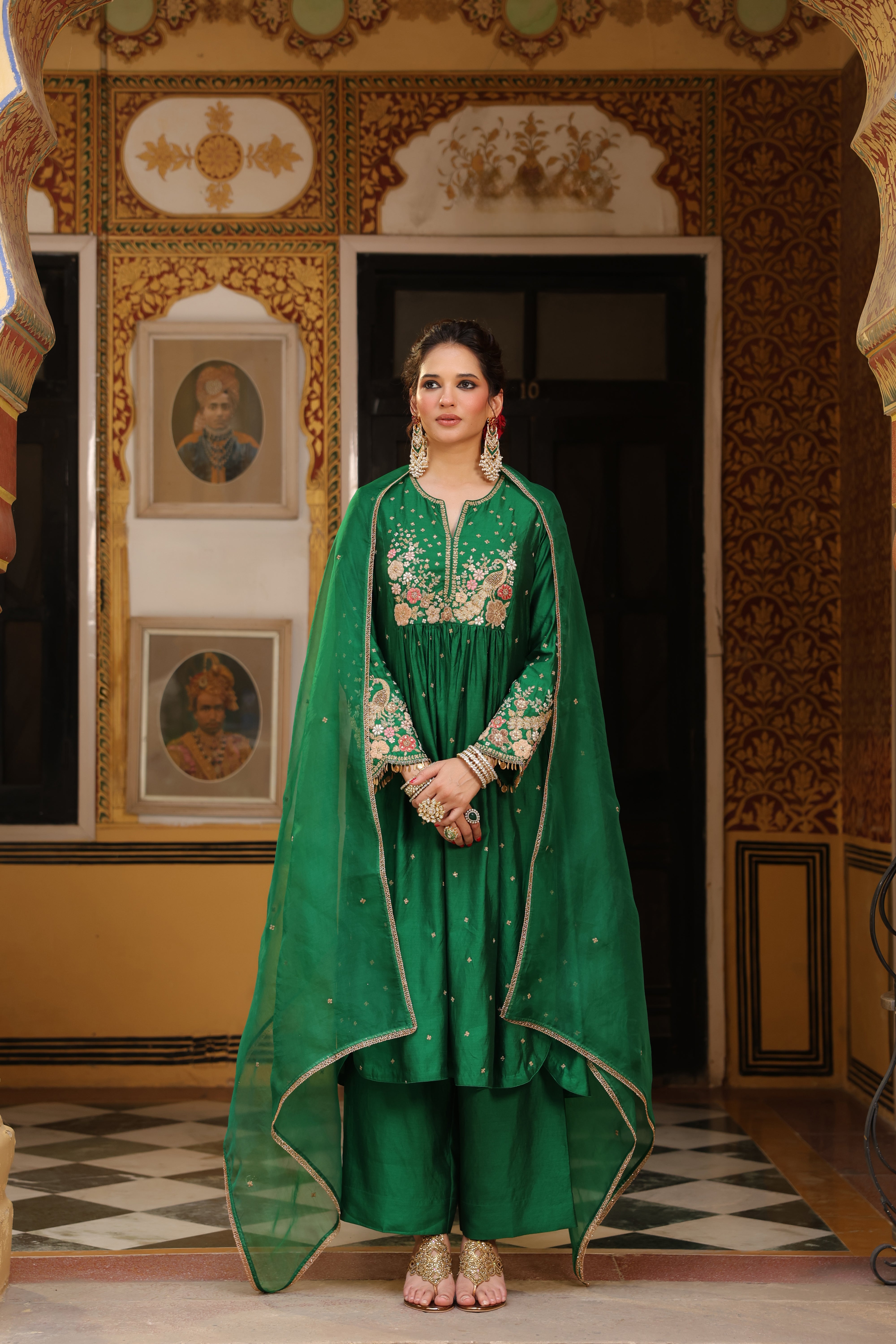 Ahista Green Mayur Applique Frockstyle Kurta Set