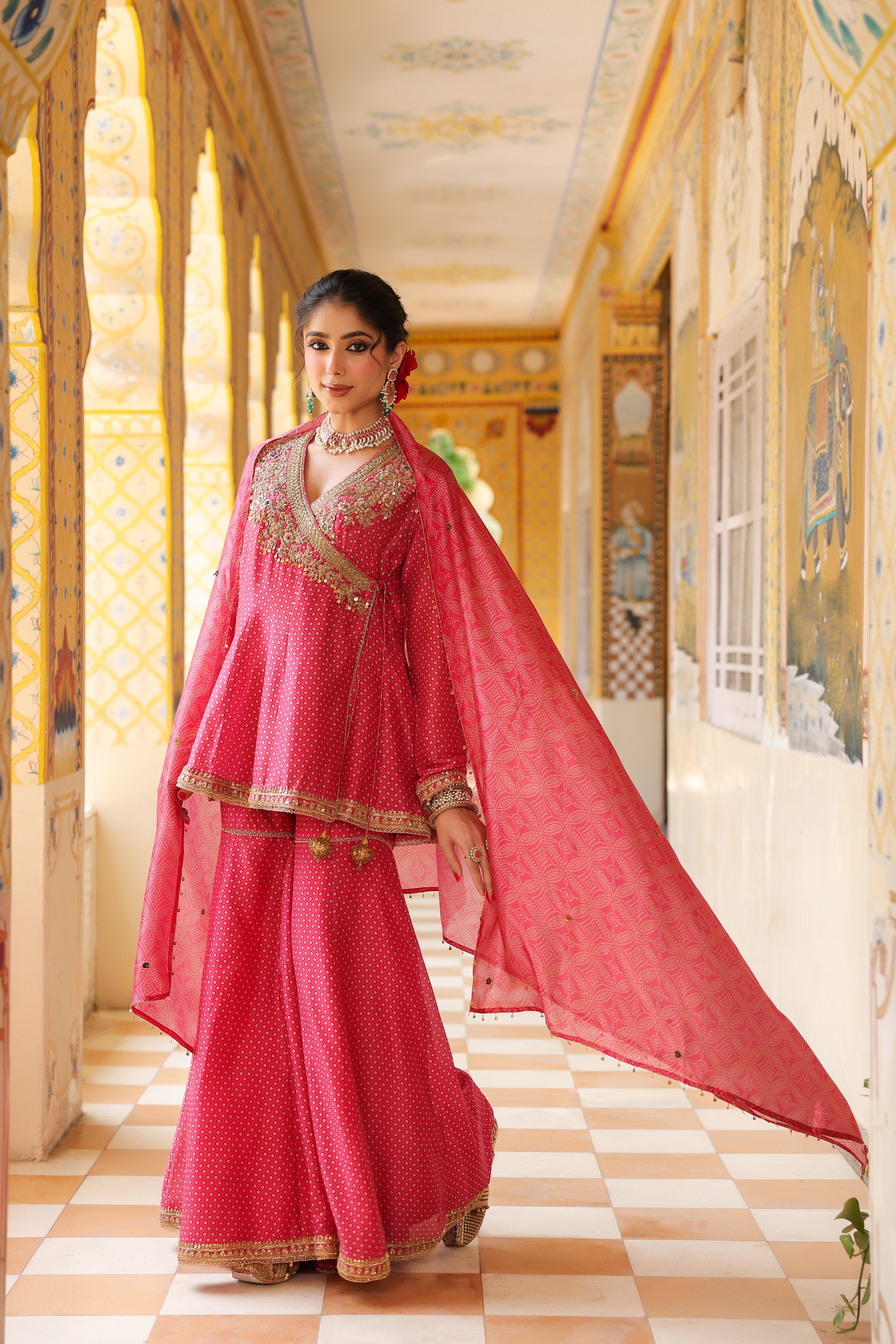 Ahista Pink Printed Angrakha Sharara Set
