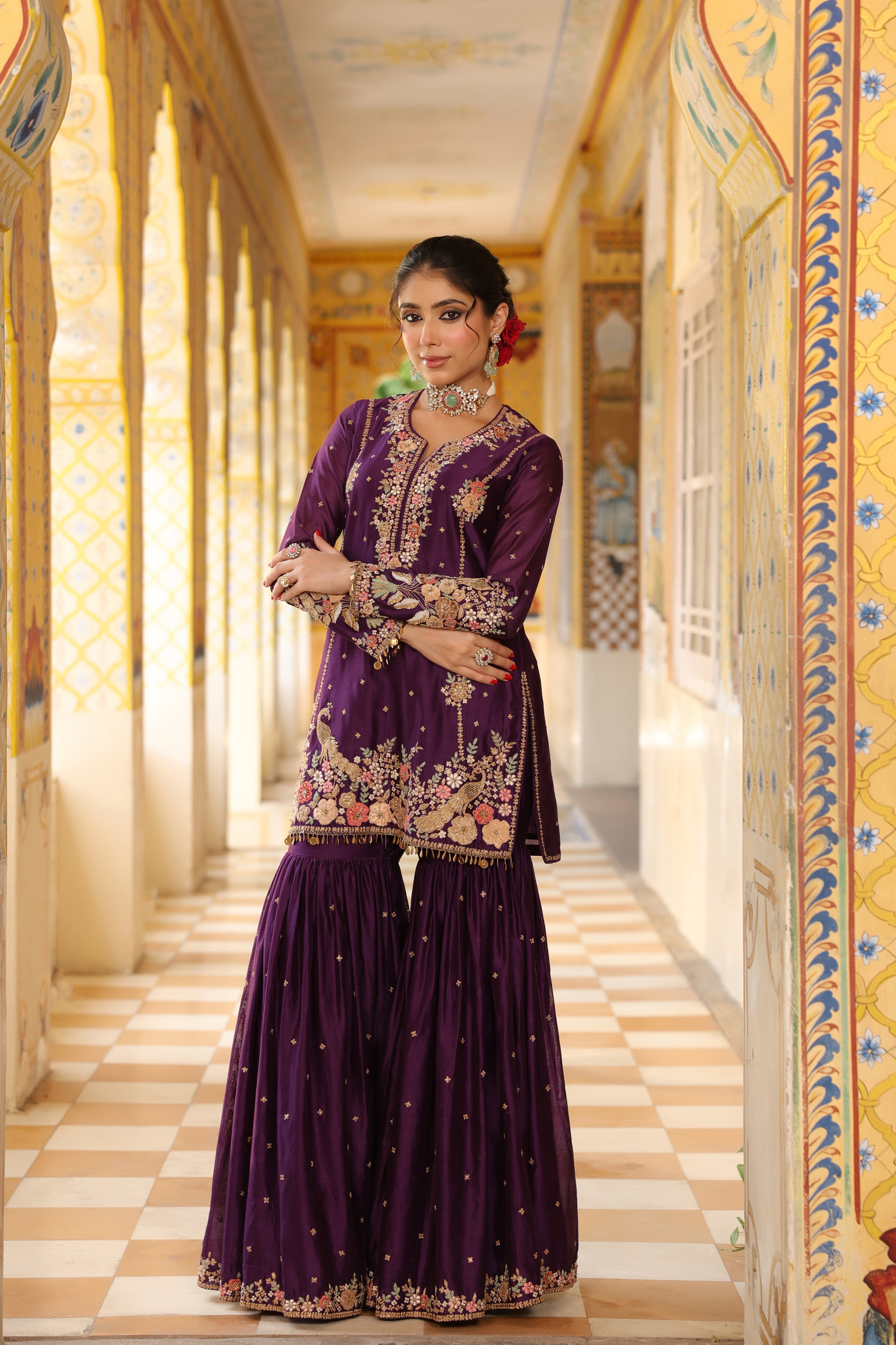 Ahista Purple Mayur Applique Heavy Sharara Set