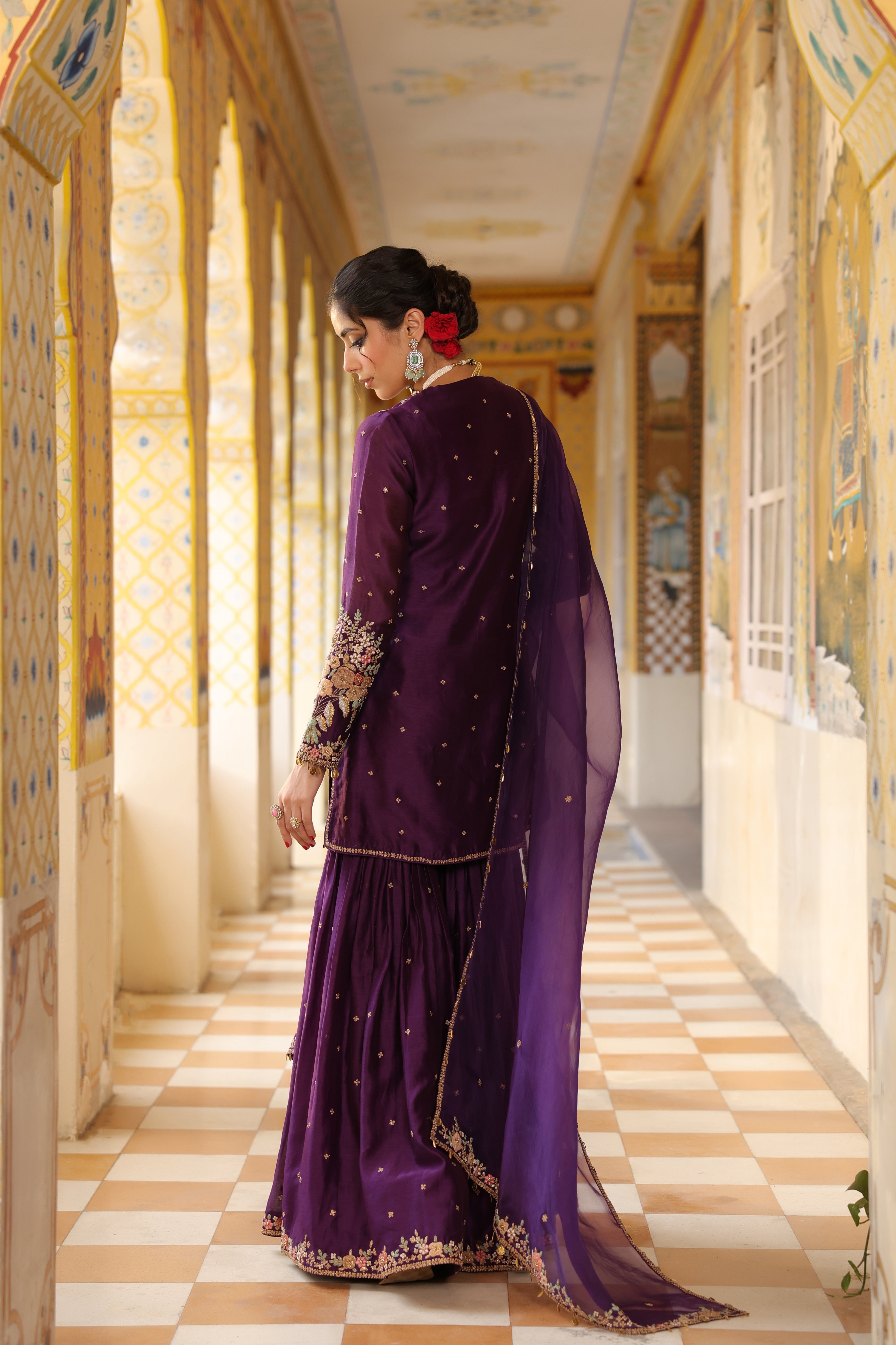 Ahista Purple Mayur Applique Heavy Sharara Set