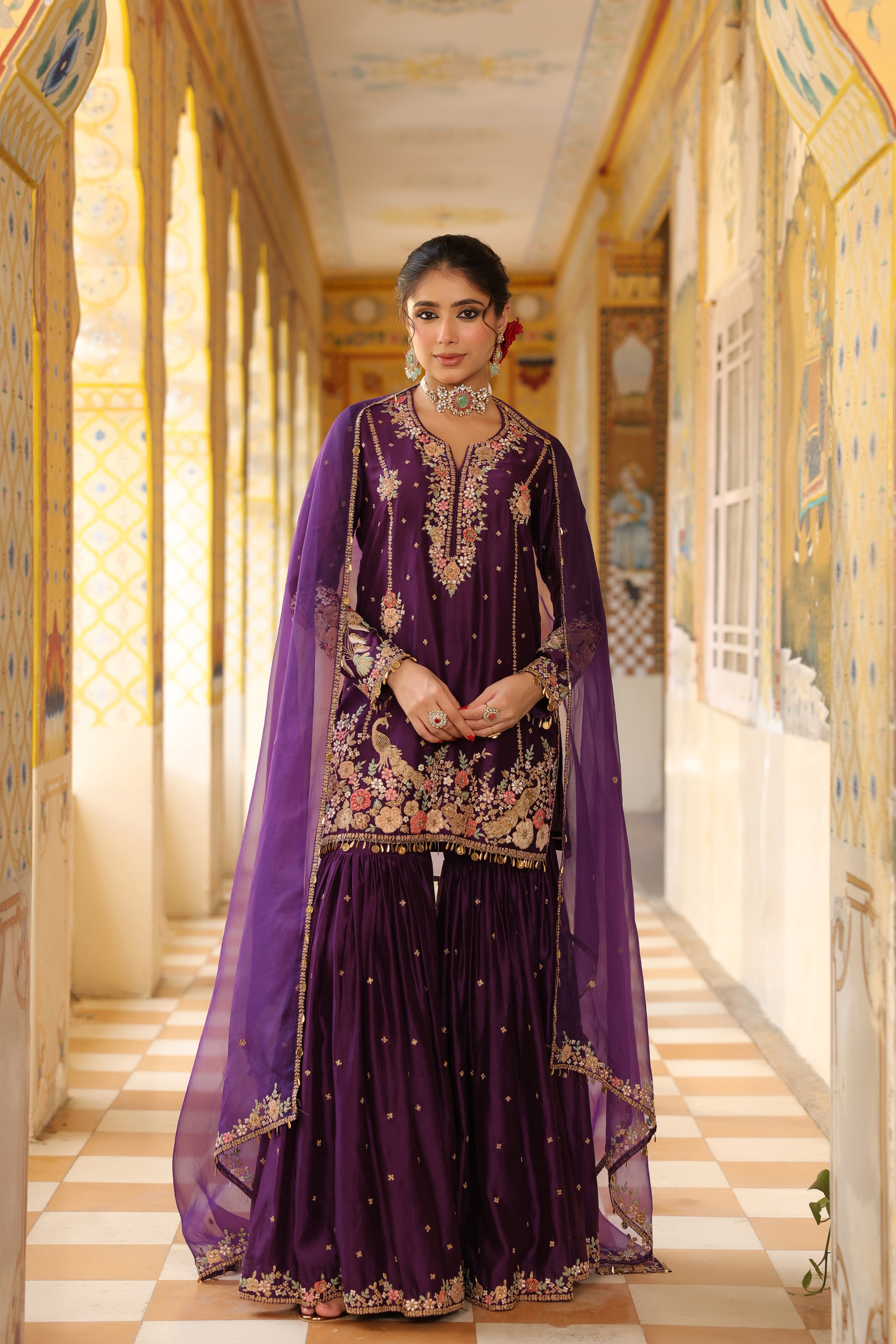 Ahista Purple Mayur Applique Heavy Sharara Set