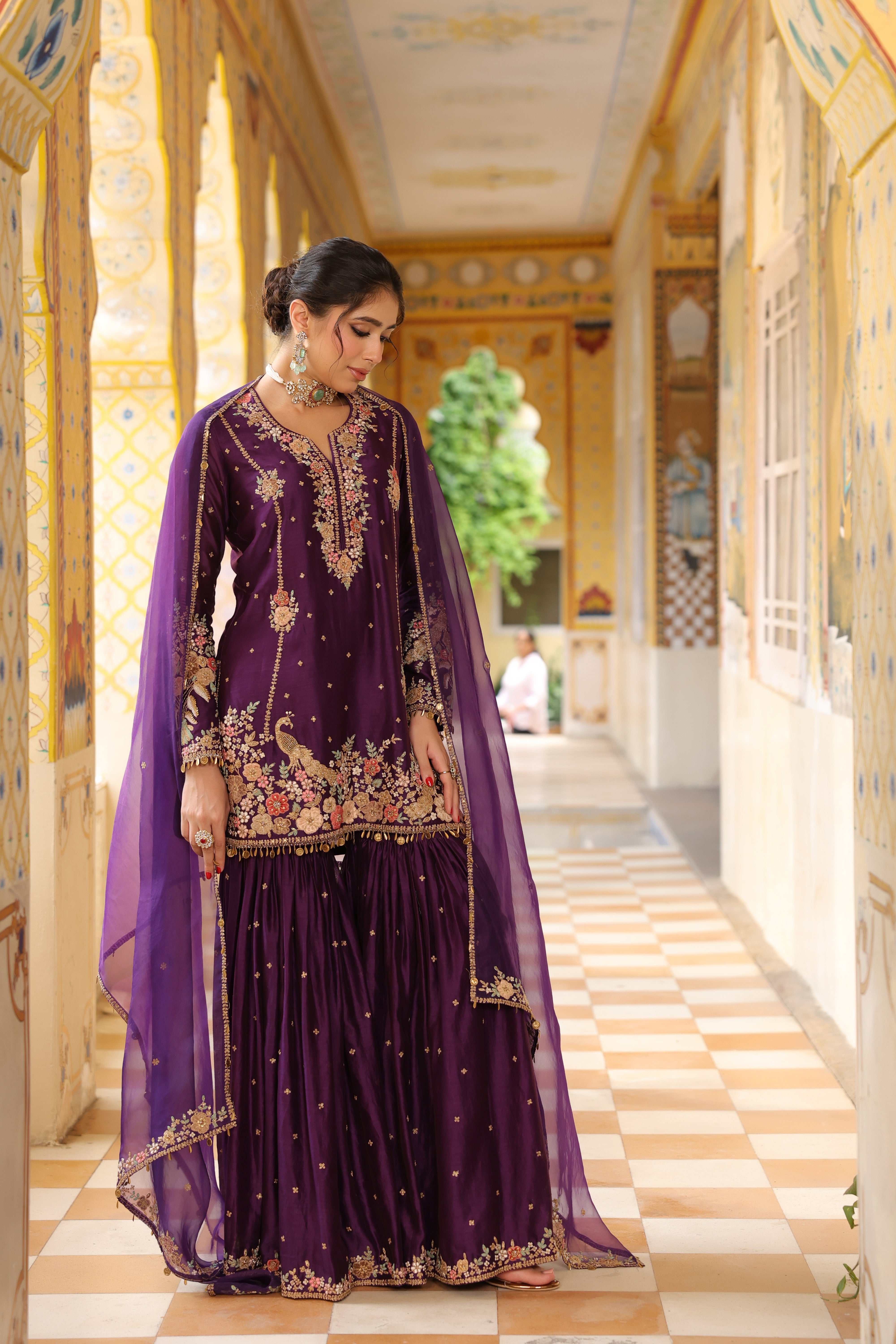 Ahista Purple Mayur Applique Heavy Sharara Set
