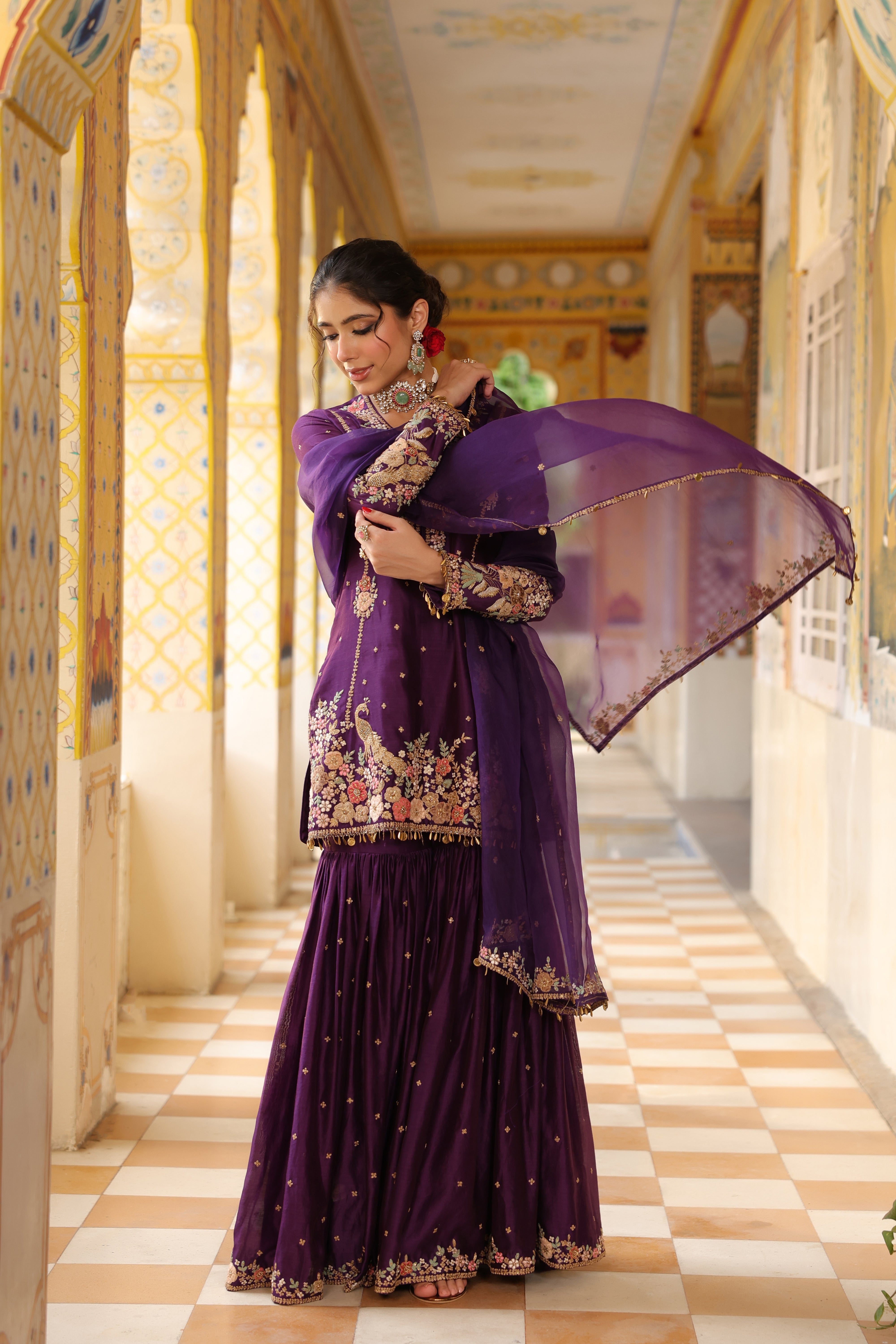Ahista Purple Mayur Applique Heavy Sharara Set