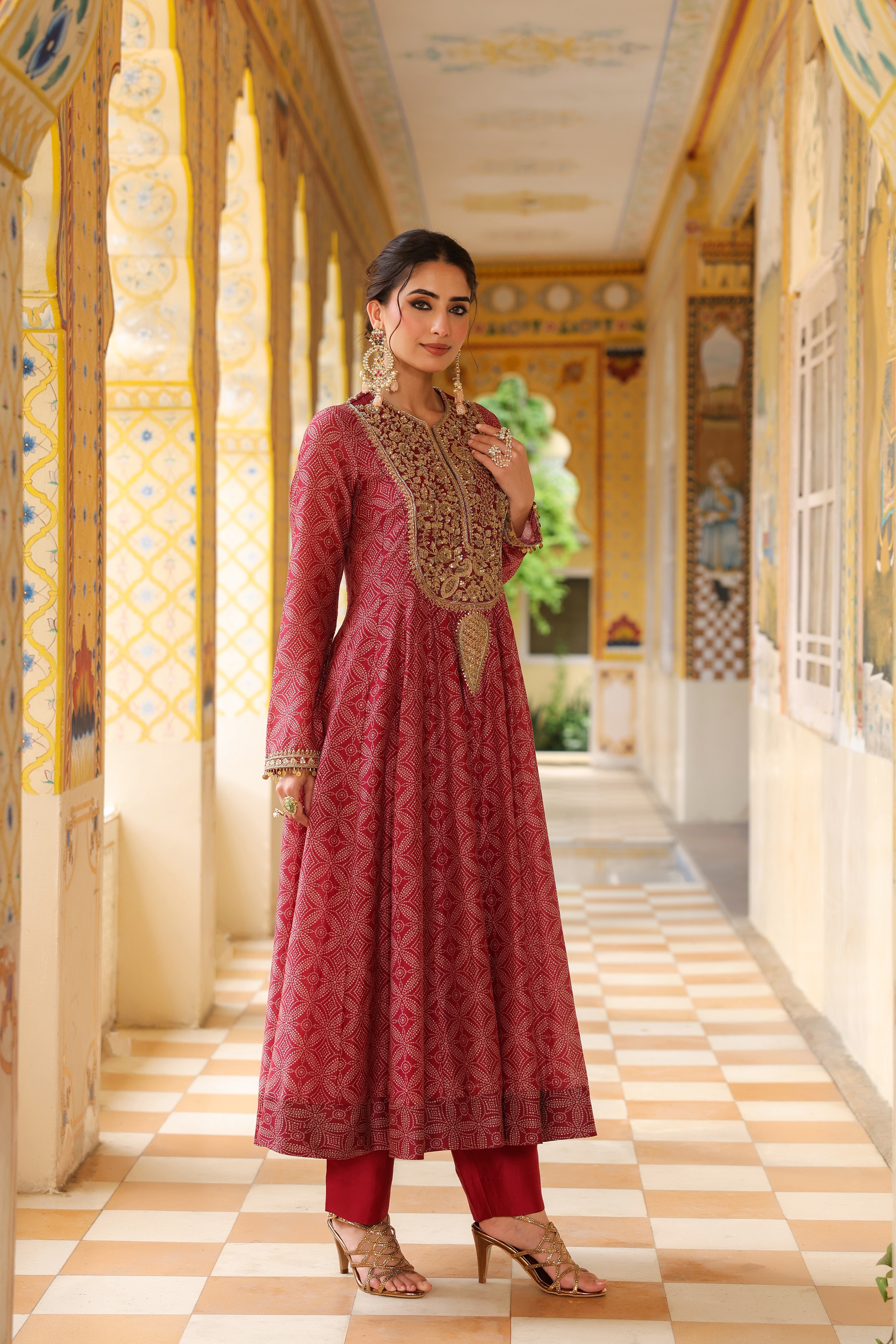 Ahista Maroon Printed Kalidar Set