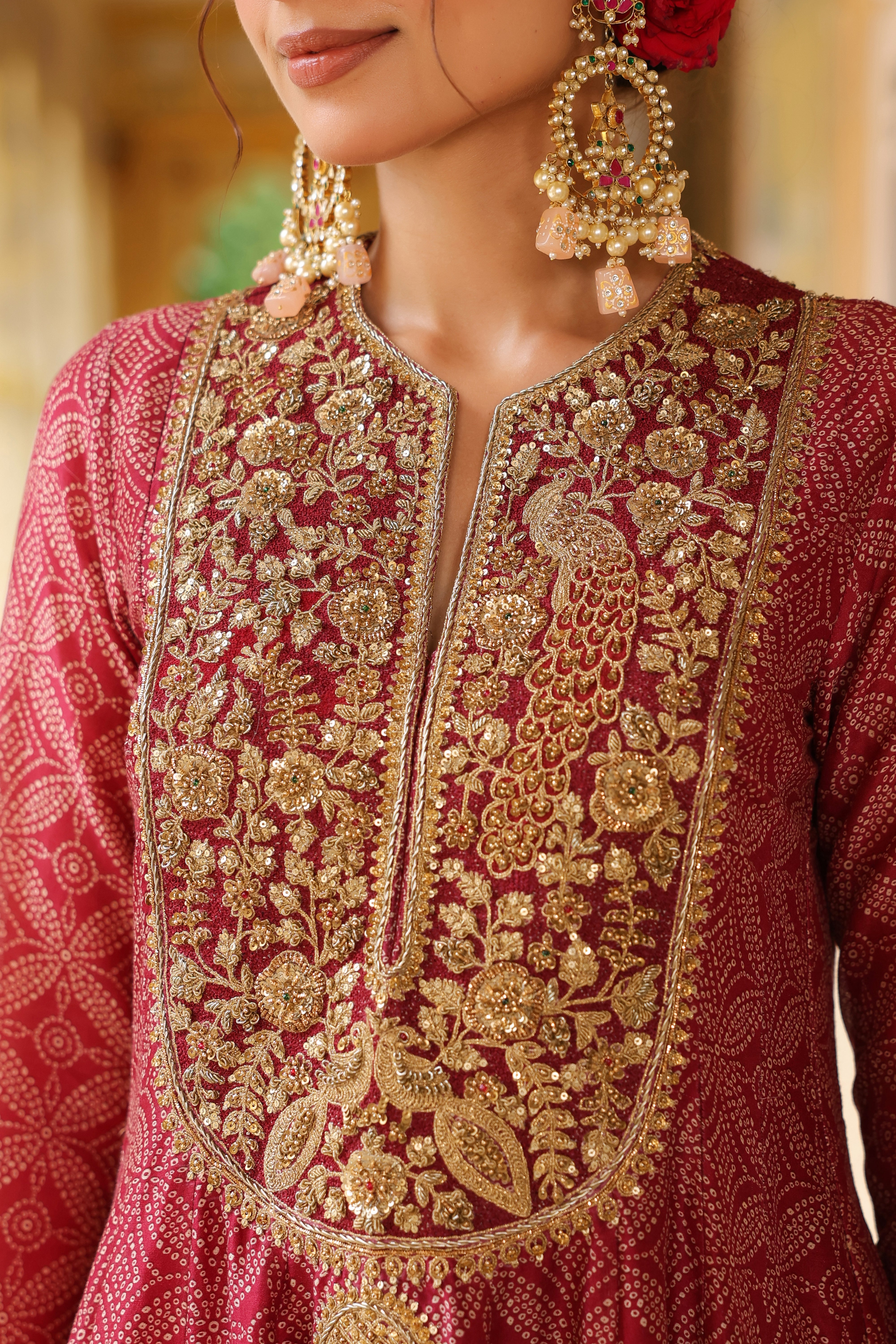 Ahista Maroon Printed Kalidar Set