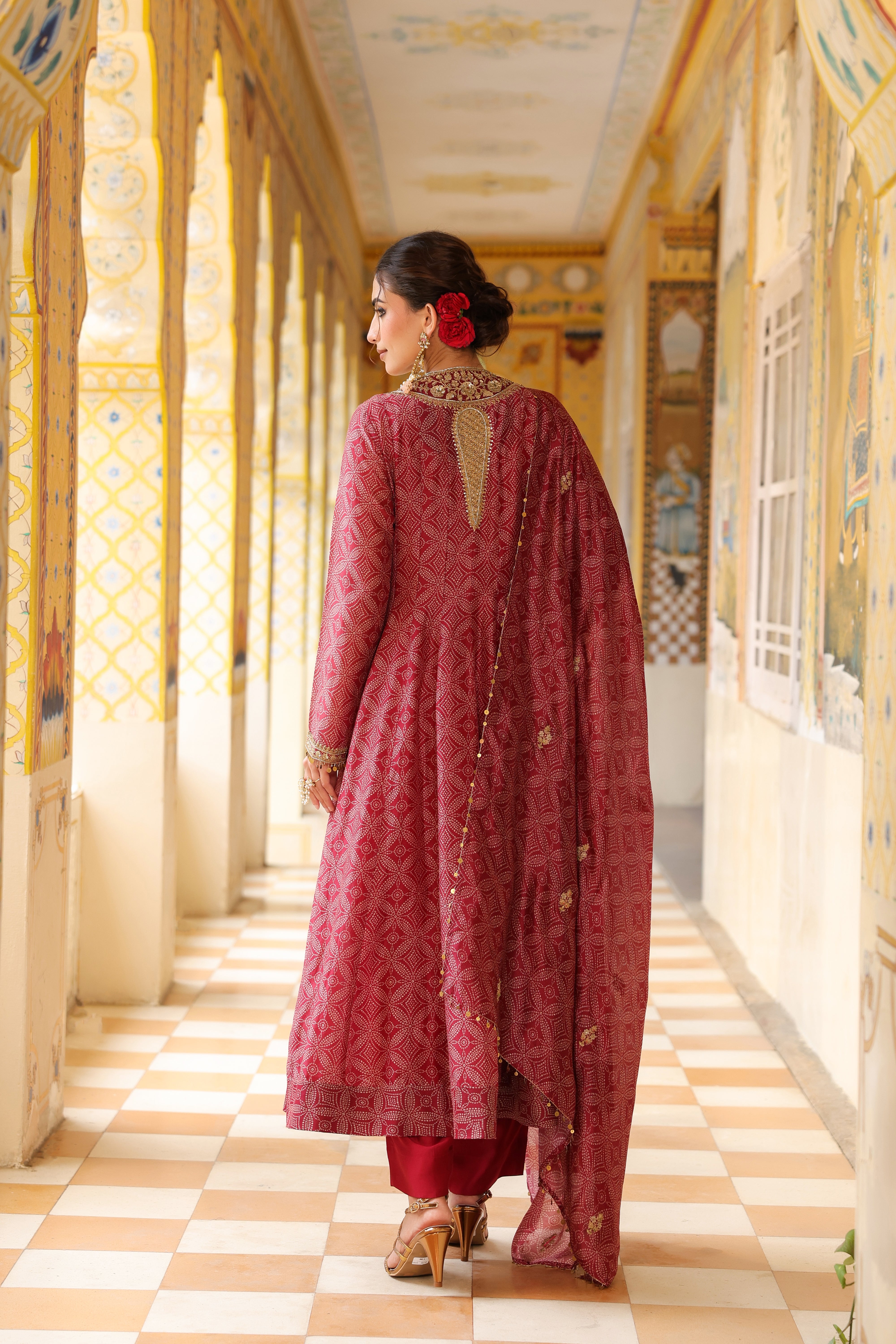 Ahista Maroon Printed Kalidar Set