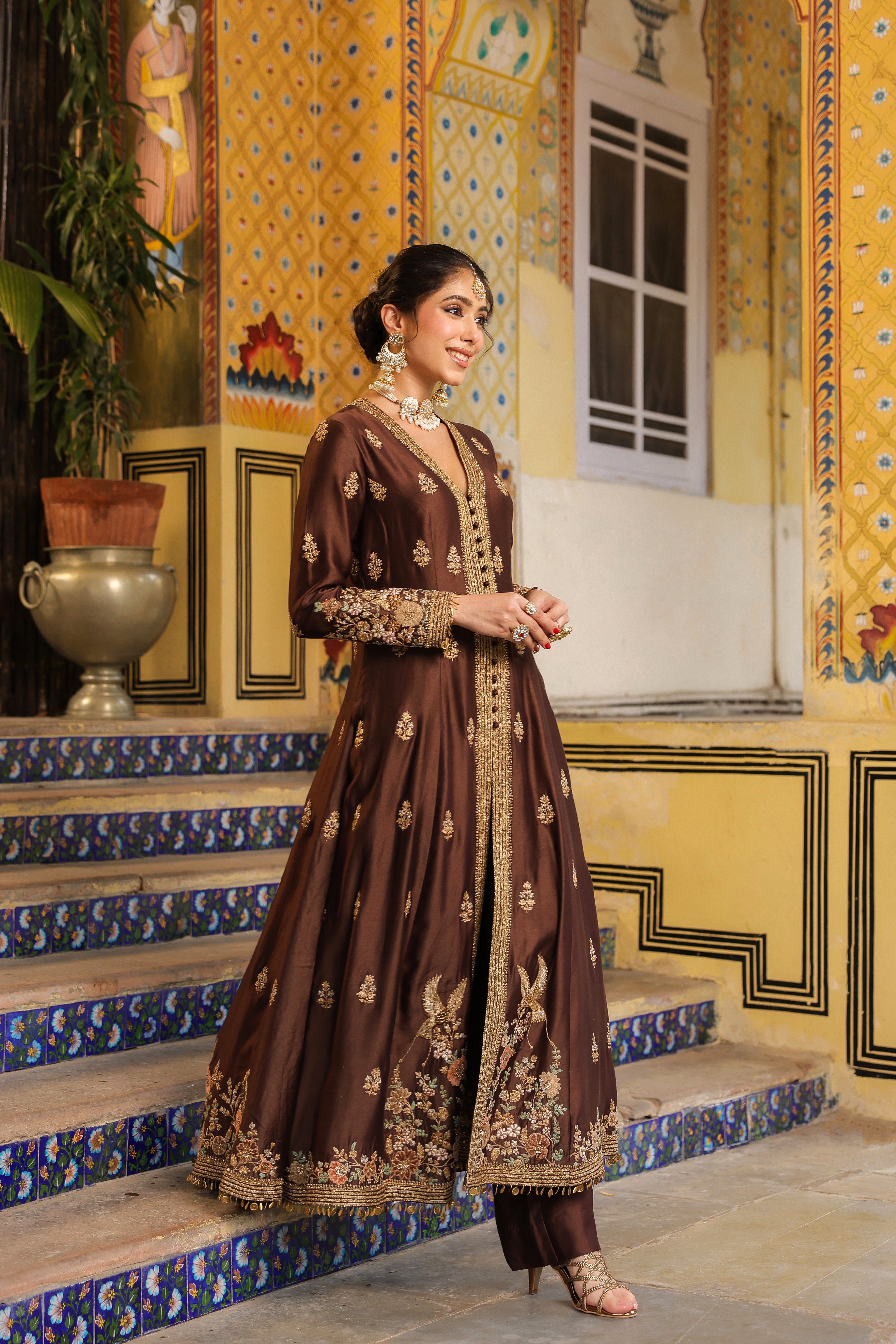 Ahista Brown Jacket Anarkali Set