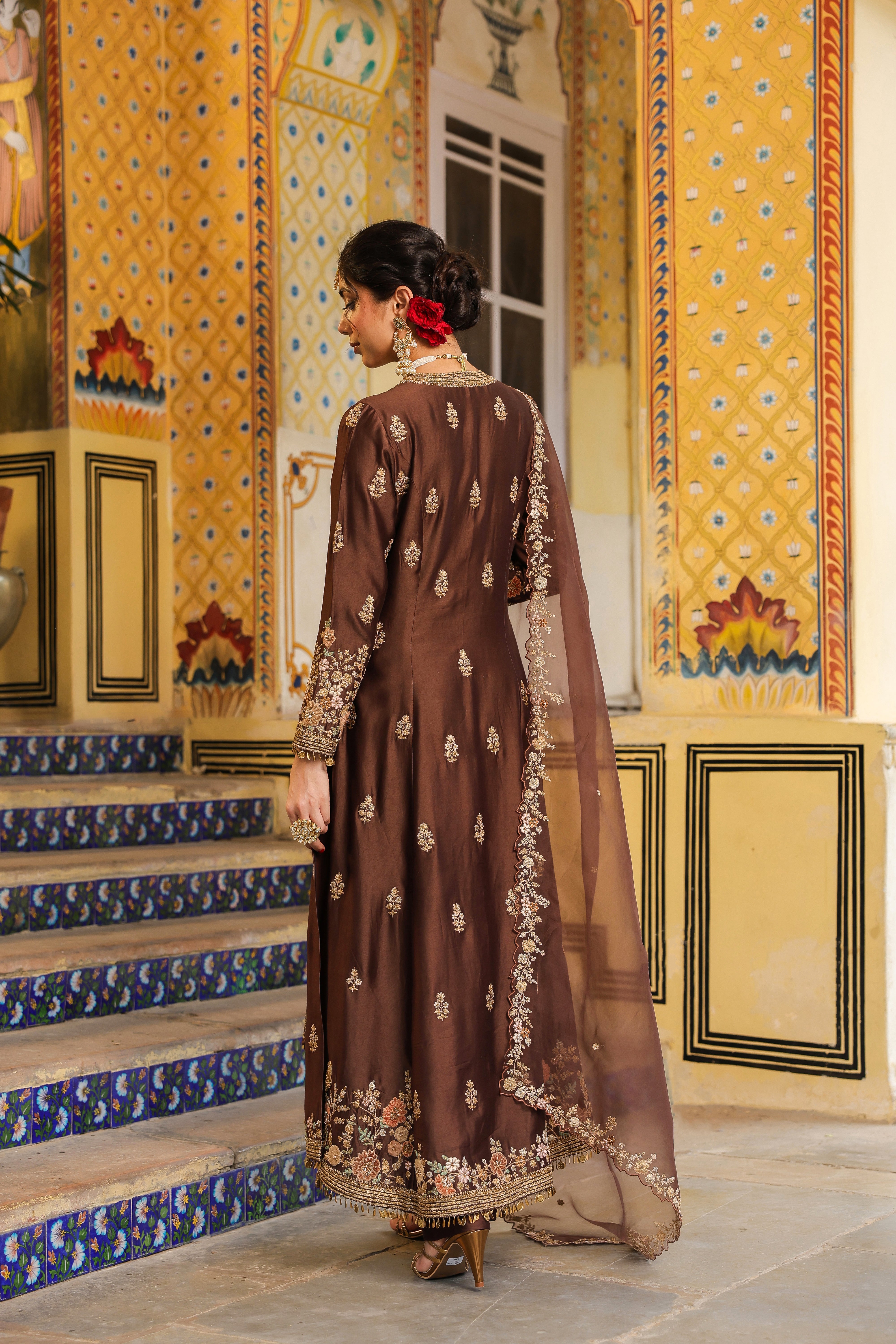 Ahista Brown Jacket Anarkali Set