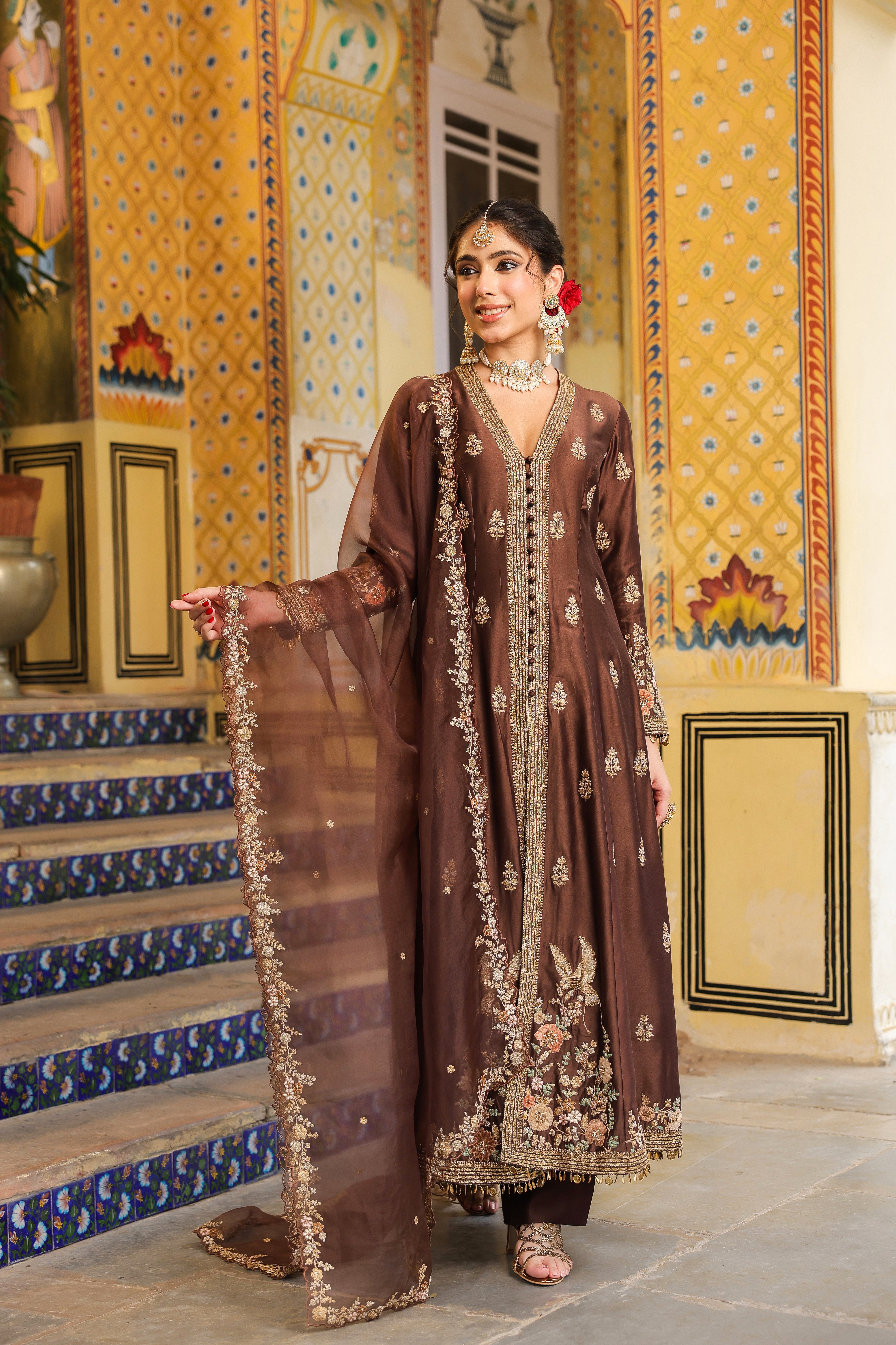 Ahista Brown Jacket Anarkali Set