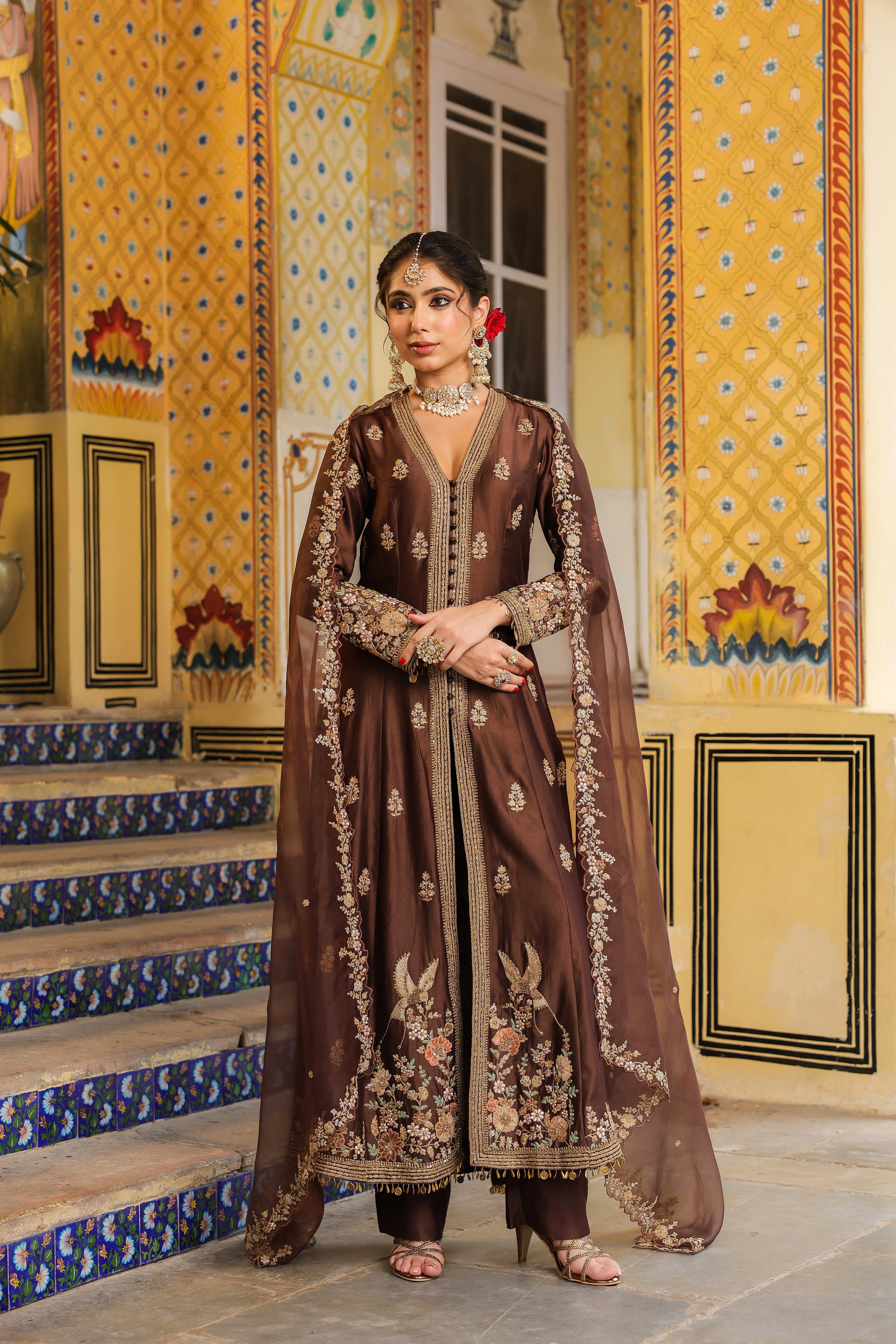 Ahista Brown Jacket Anarkali Set