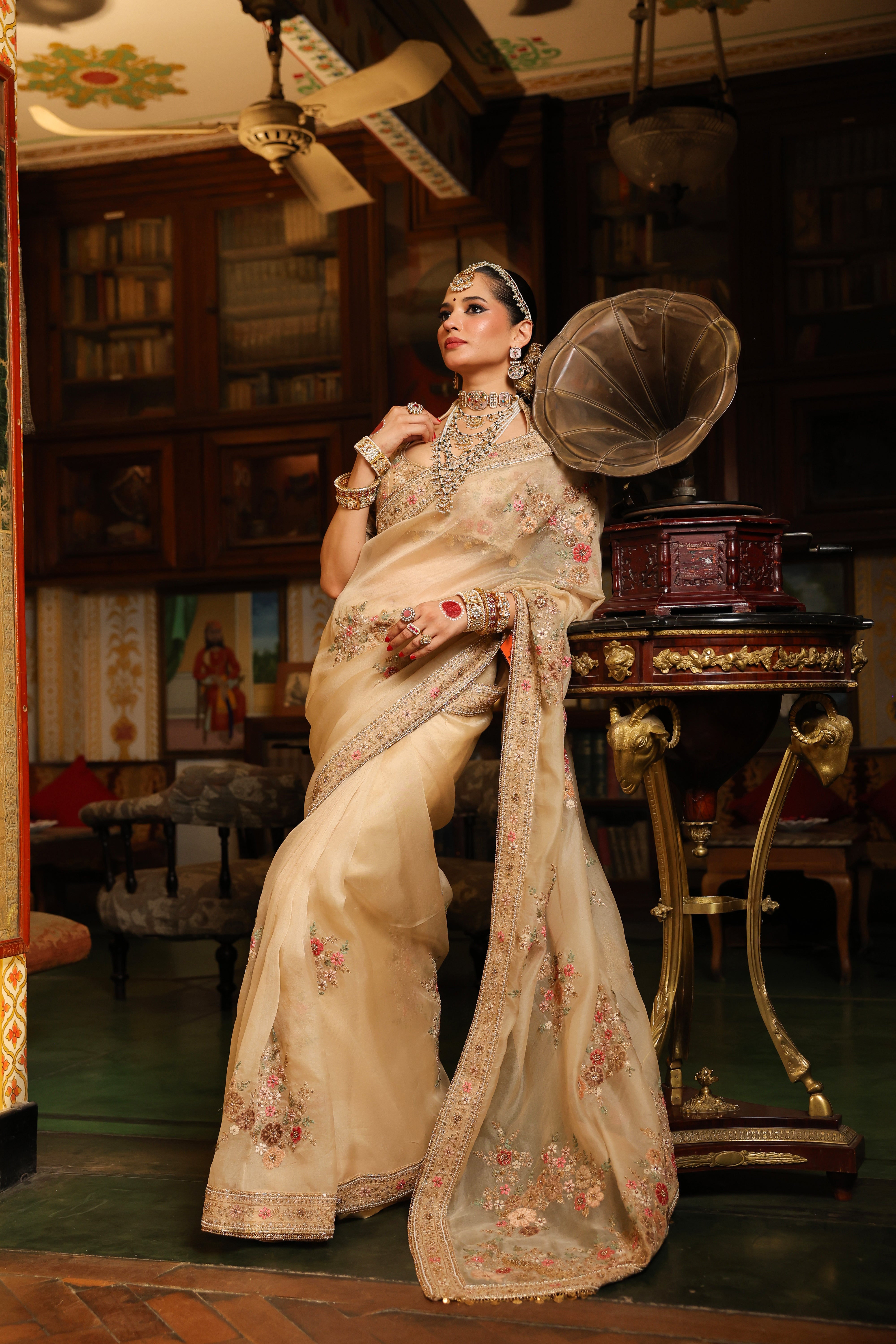 Ahista Ivory Mayur Applique Saree Set