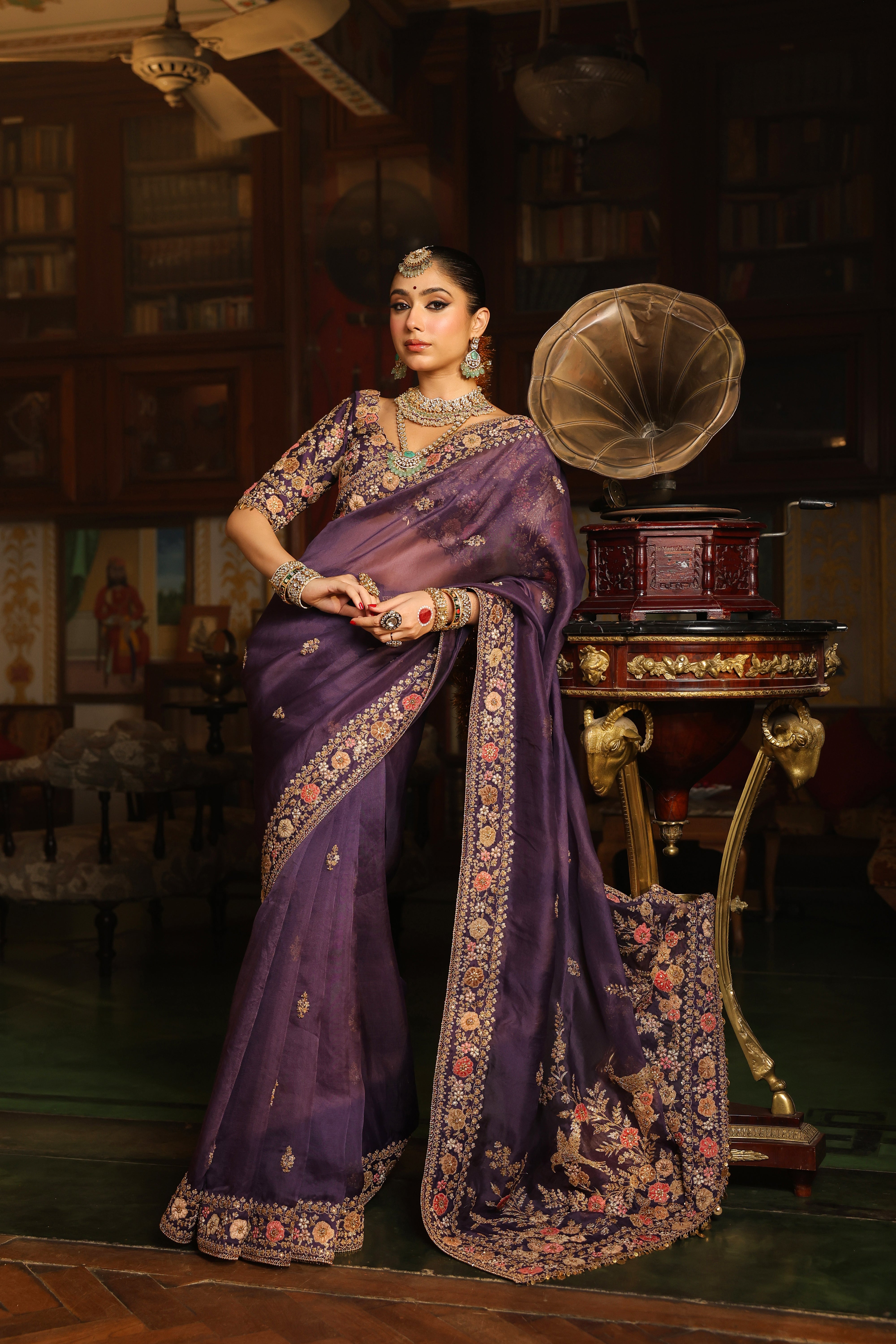 Ahista Purple Mayur Applique Border Saree Set